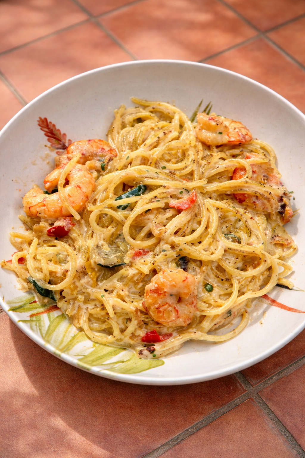 Espaguetis con langostinos y verdura al ajillo