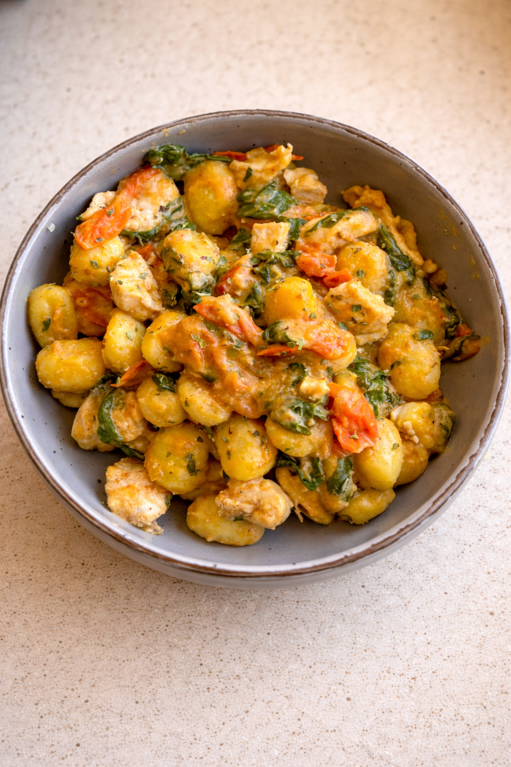 Ñoquis cremosos con pollo y espinacas