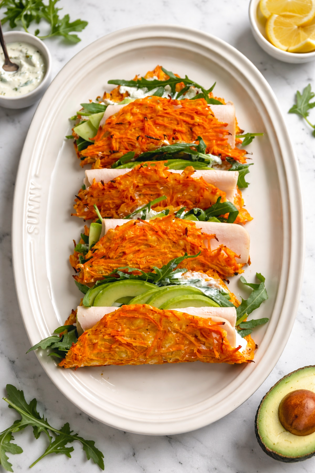 Tacos de zanahoria con pavo y aguacate