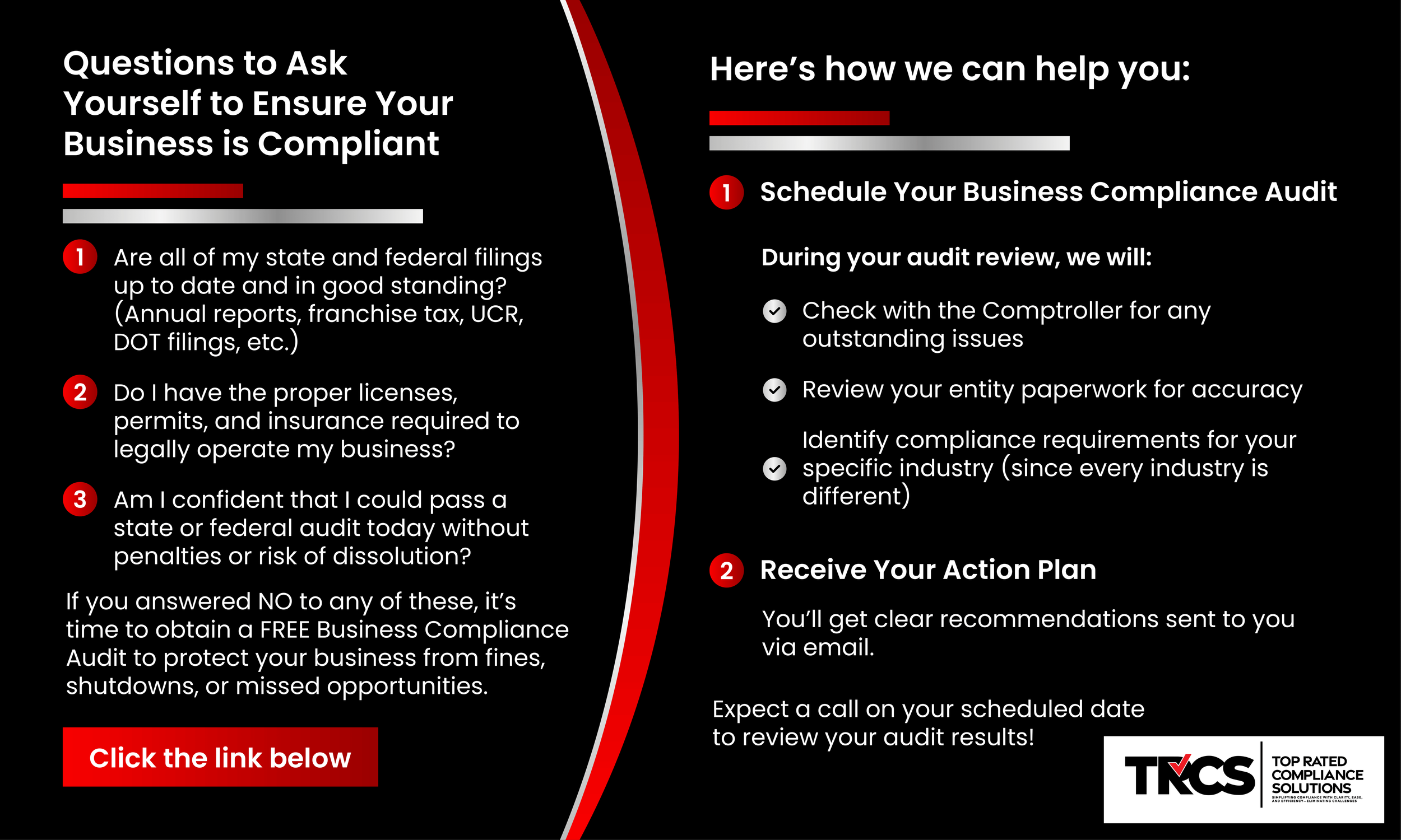 A digital informational graphic with black, red, and white colors providing guidance on business compliance. It features questions to ask yourself regarding business filings, licenses, and audits on the left. The right side outlines steps for scheduling a business compliance audit, including actions like checking with the comptroller, reviewing paperwork, and receiving an action plan via email. The bottom right displays the TRCS logo, a compliance solutions company.