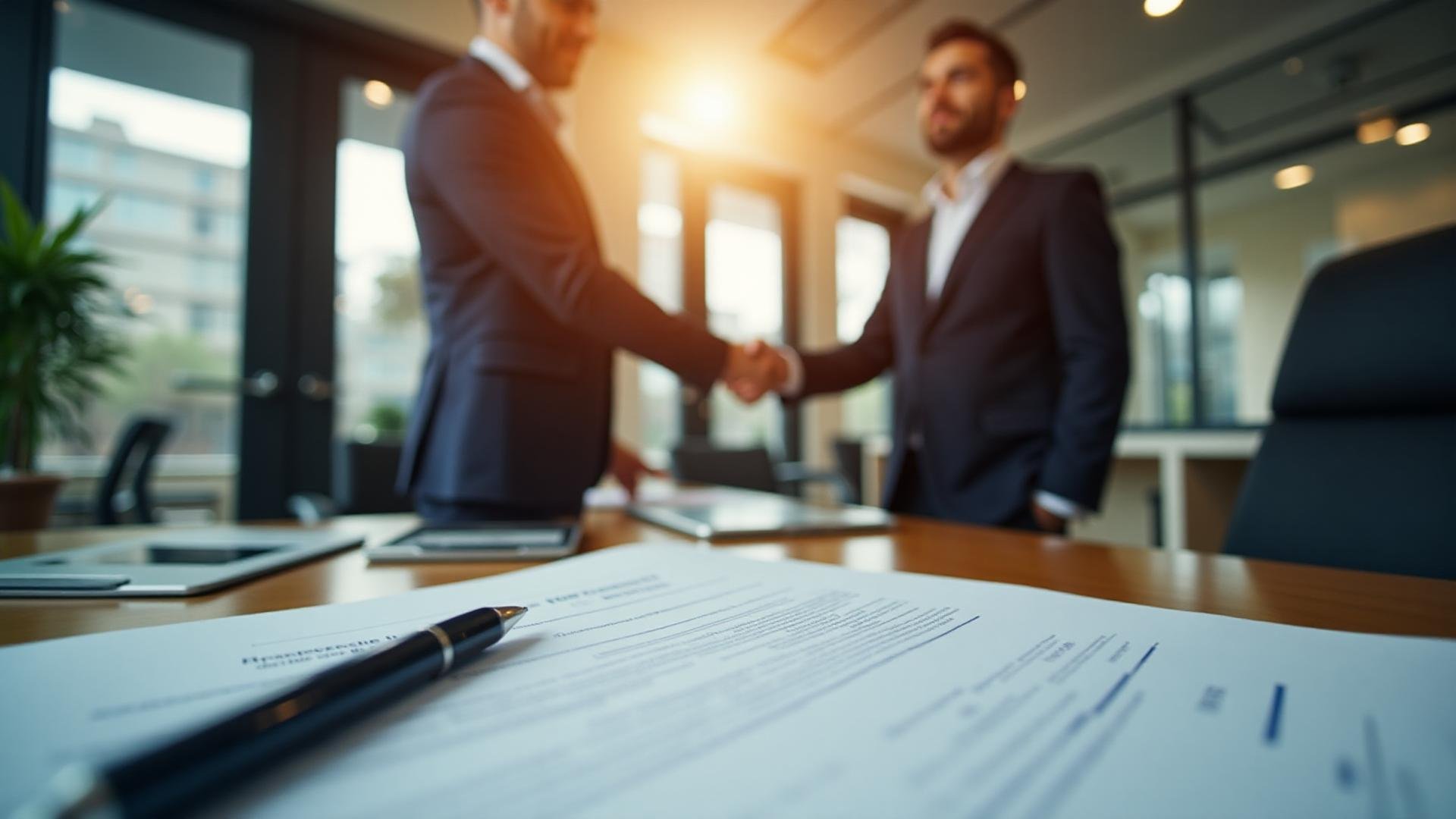 Two businessmen in suits shaking hands in a modern office, with documents on the table in the foreground.