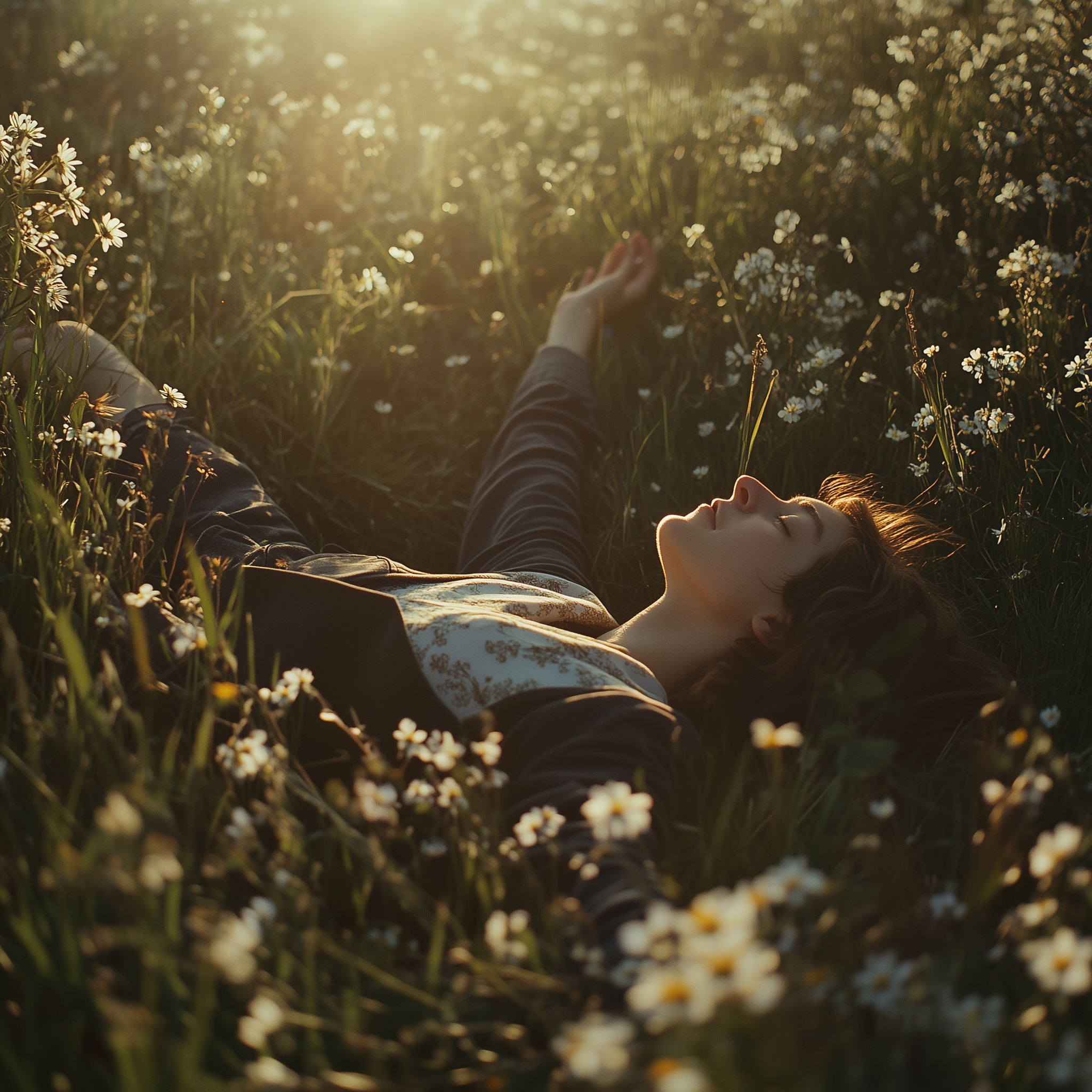A person lying on the grass in a field of white flowers, with sunlight shining through trees in the background.
