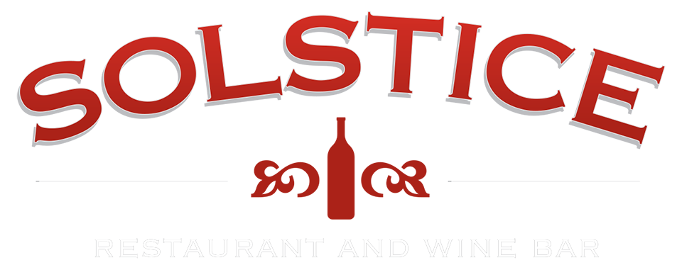 Logo for Solstice Restaurant and Wine Bar, featuring stylized red text and a red graphic element.