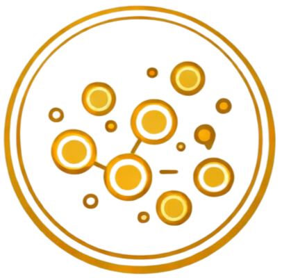 Illustration of a circular arrangement of yellow bubbles within a gold ring.
