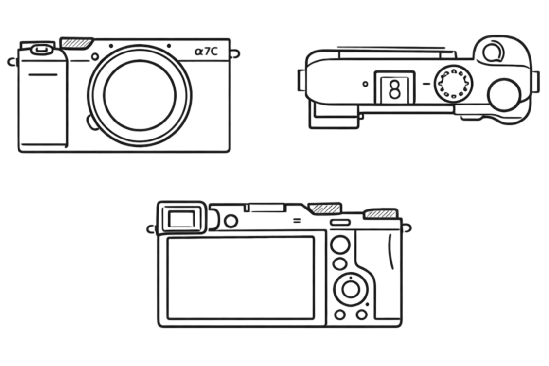 Line drawing of a digital camera from three different angles: front, top, and back.
