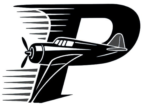 A black and white line drawing of a vintage single-engine airplane in flight, with motion lines indicating speed.