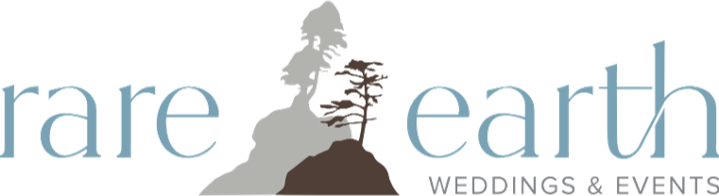 Logo for 'Rare Earth Weddings & Events' with a tree, mountain, and sky design integrated into the lettering.