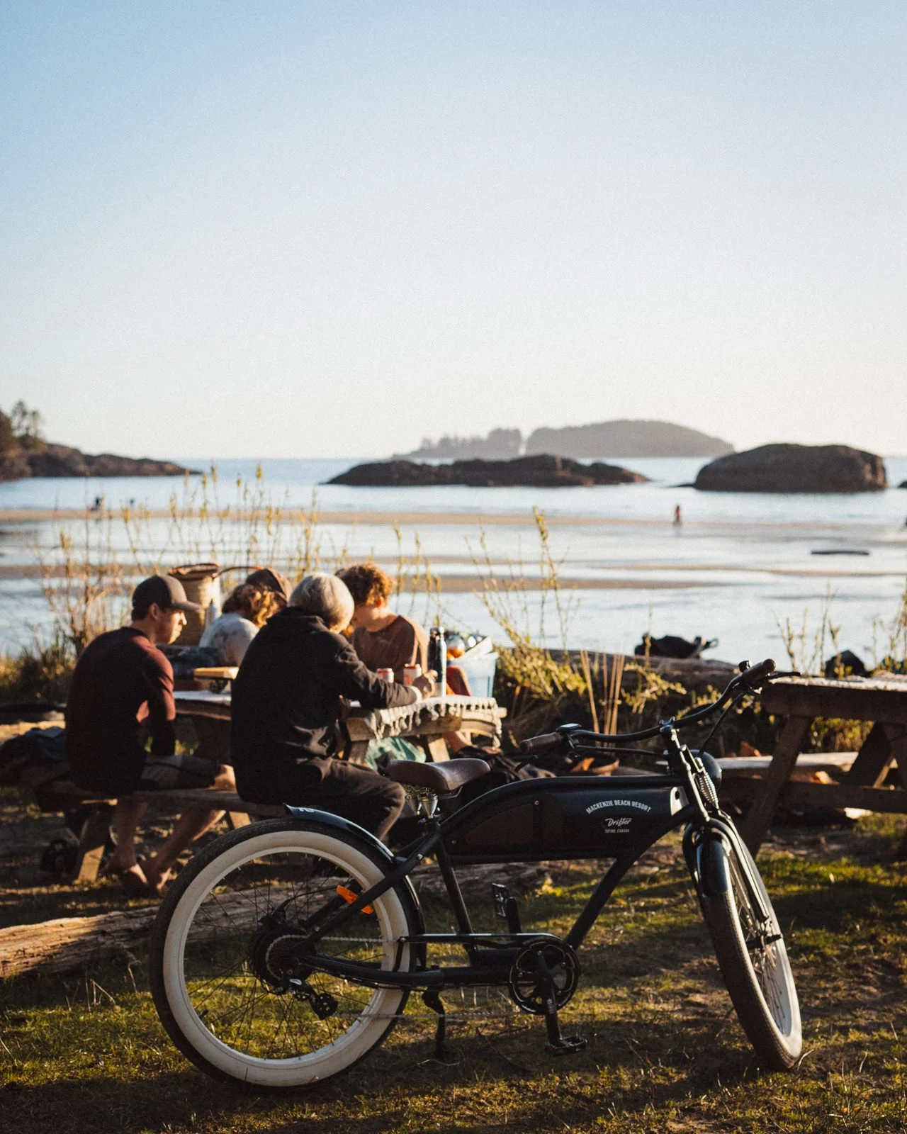 A group of people sitting at a picnic table by the beach with a bicycle parked in the foreground.