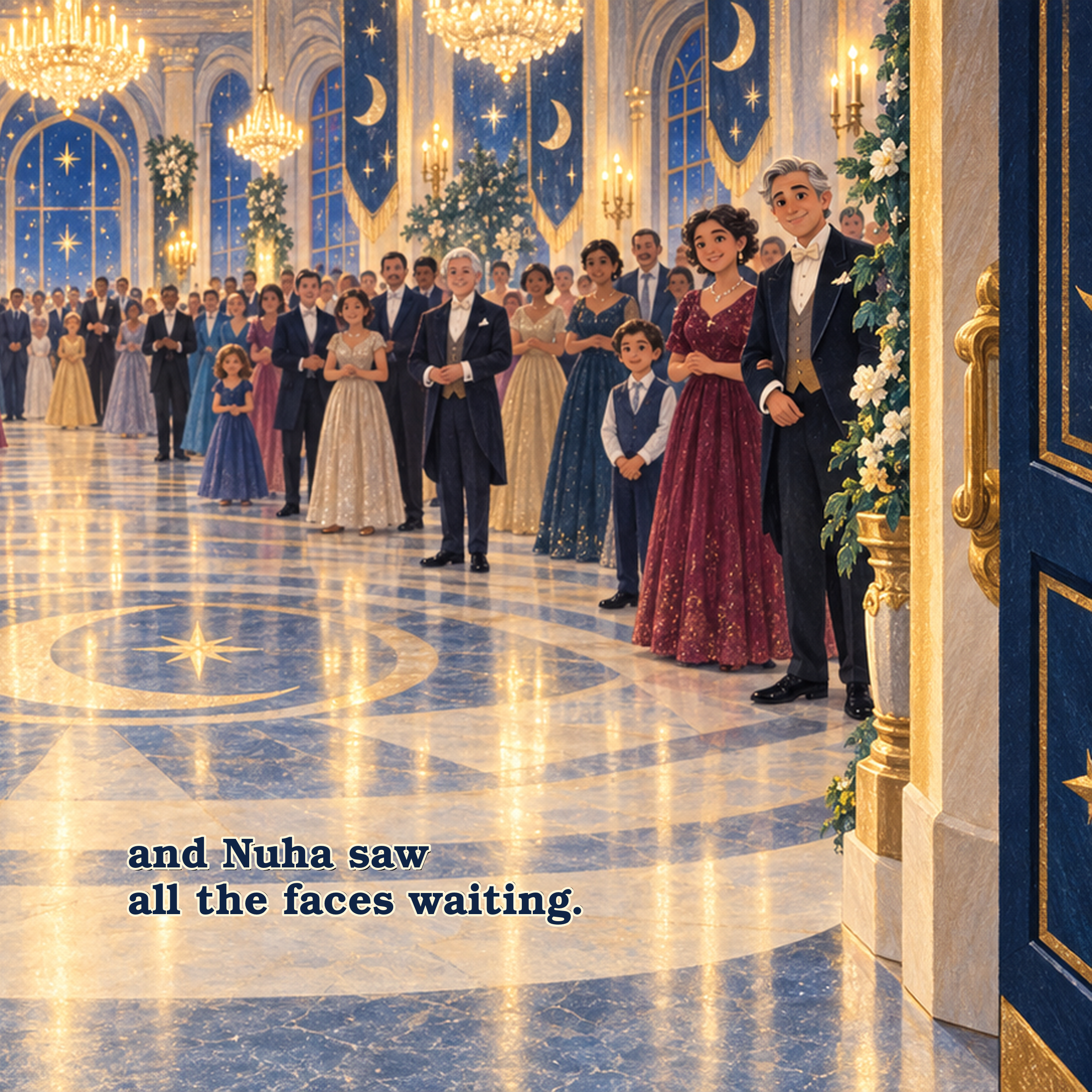 Elegant ballroom scene with large chandeliers, tall windows decorated with star and moon motifs, and a large group of well-dressed people, including young children and adults in formal attire, standing and waiting.