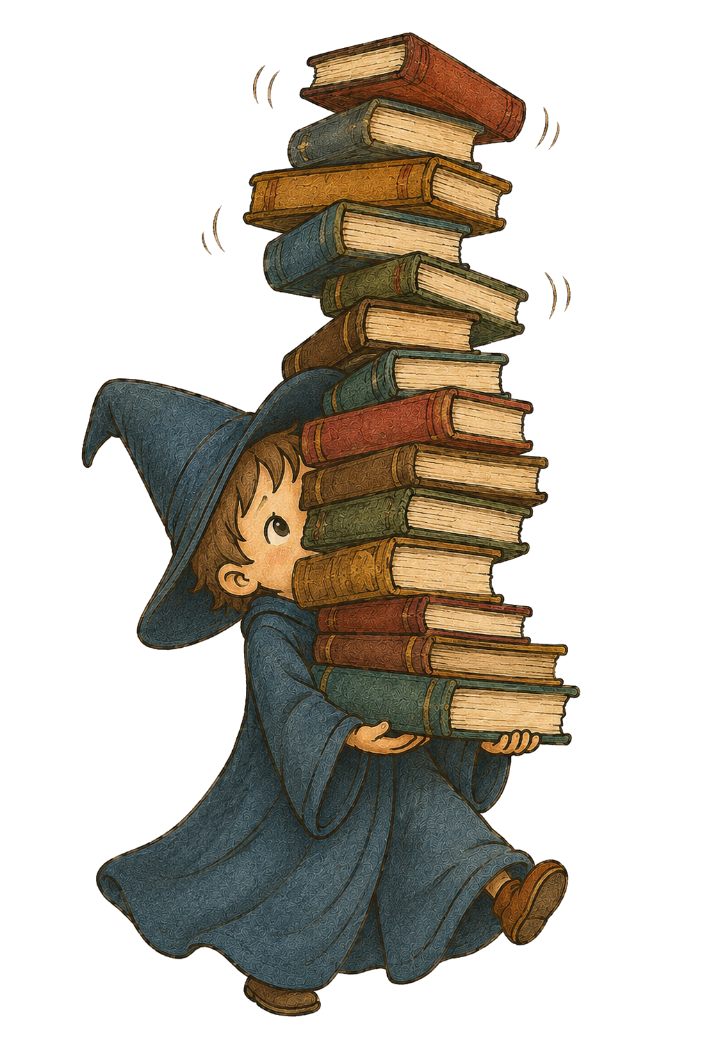 A cartoon young wizard in a blue robe and hat holding a large stack of books.