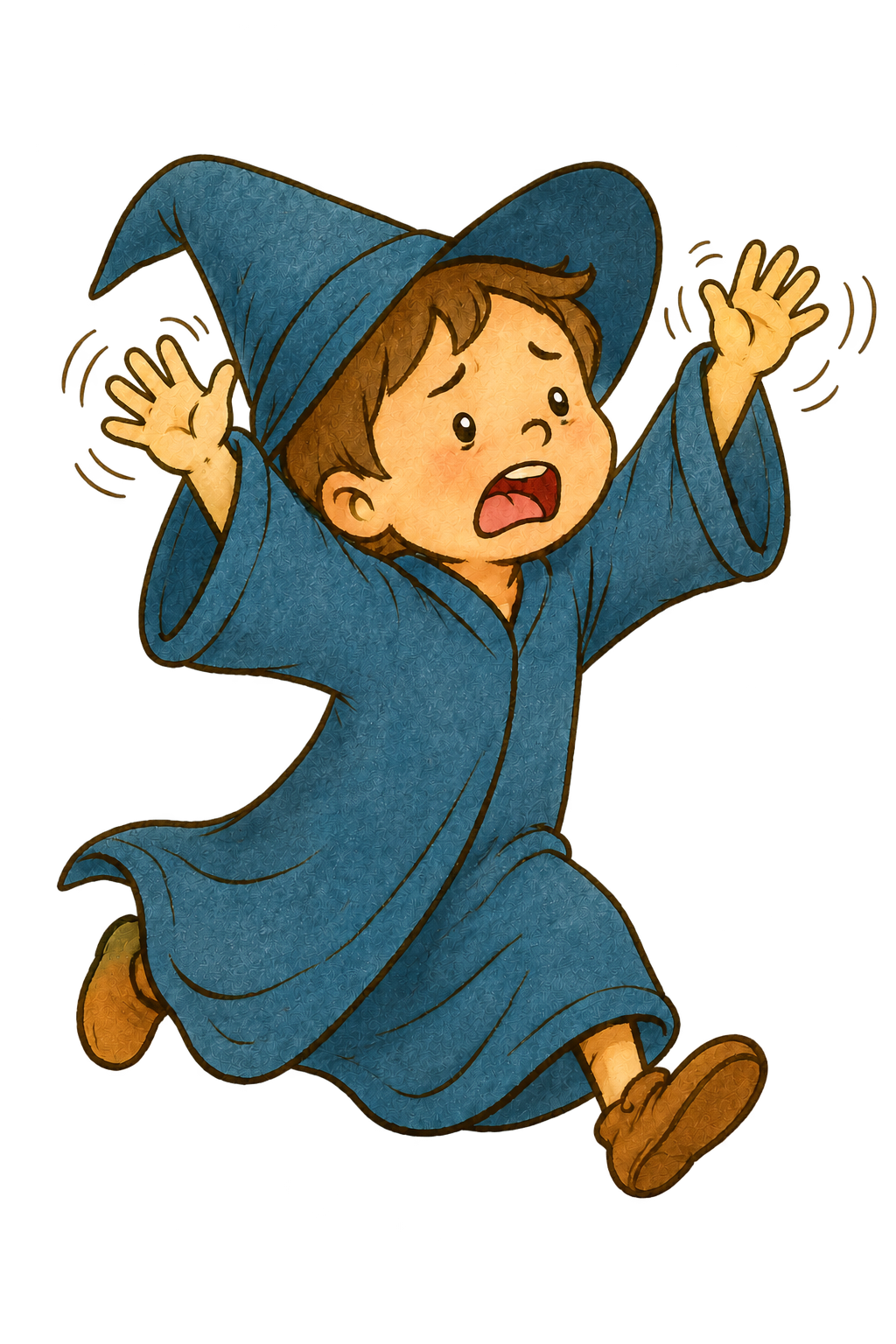 A young boy dressed as a wizard with a blue robe and hat, looking frightened with arms raised and mouth open.