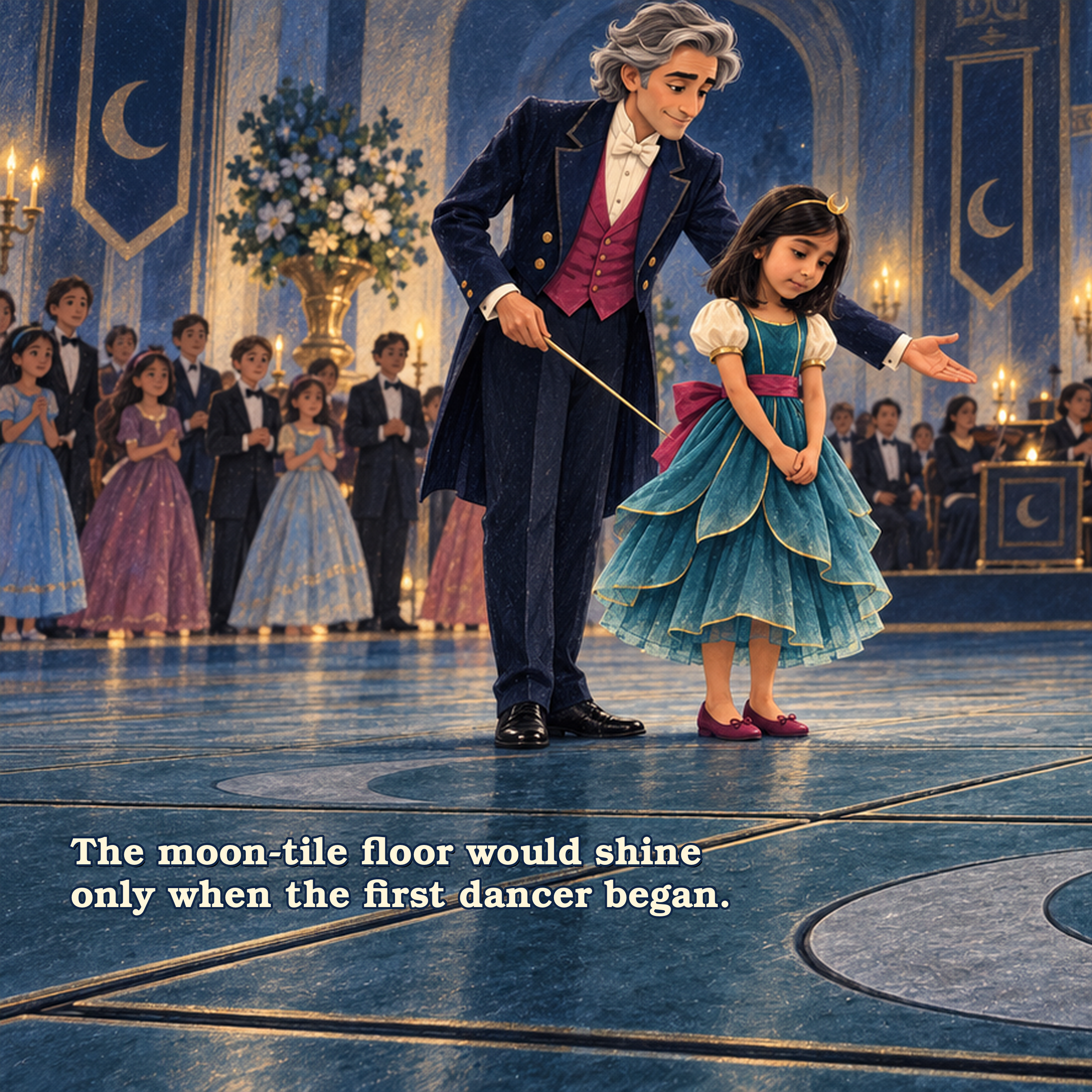 Animated scene of a man and young girl dancing in a grand hall decorated for a formal event, with children in the background and a caption stating, 'The moon-tile floor would shine only when the first dancer began.'