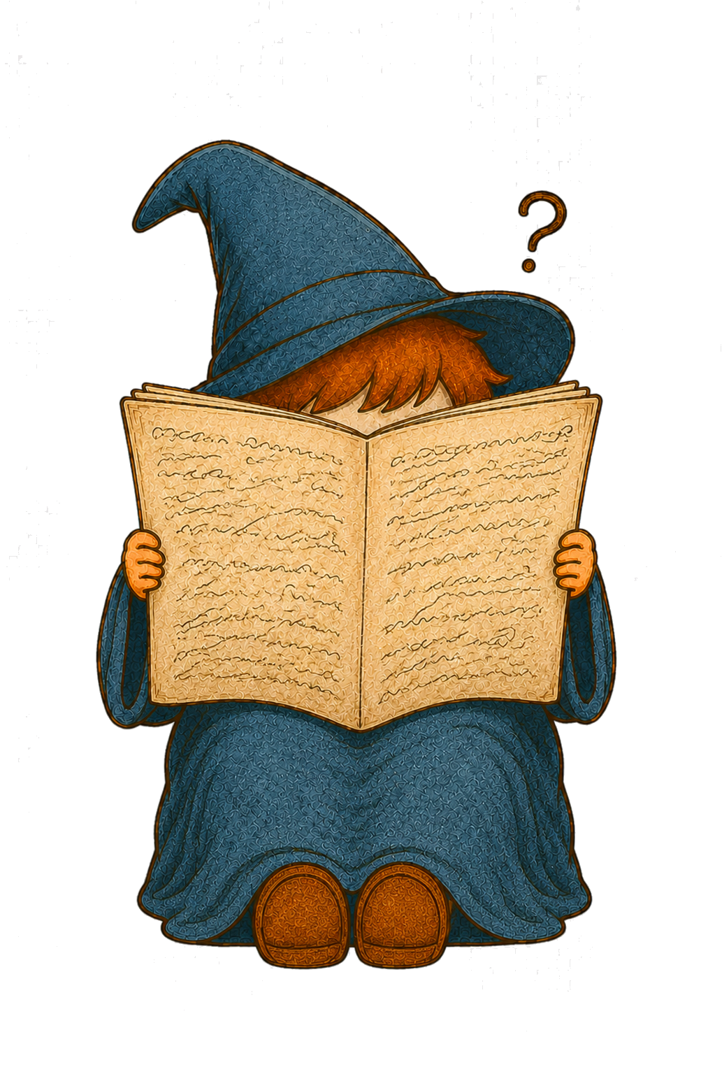 A cartoon gnome wearing a blue hat and cloak, sitting cross-legged and holding a large, aged, handwritten book in front of them. A question mark floats above their head.