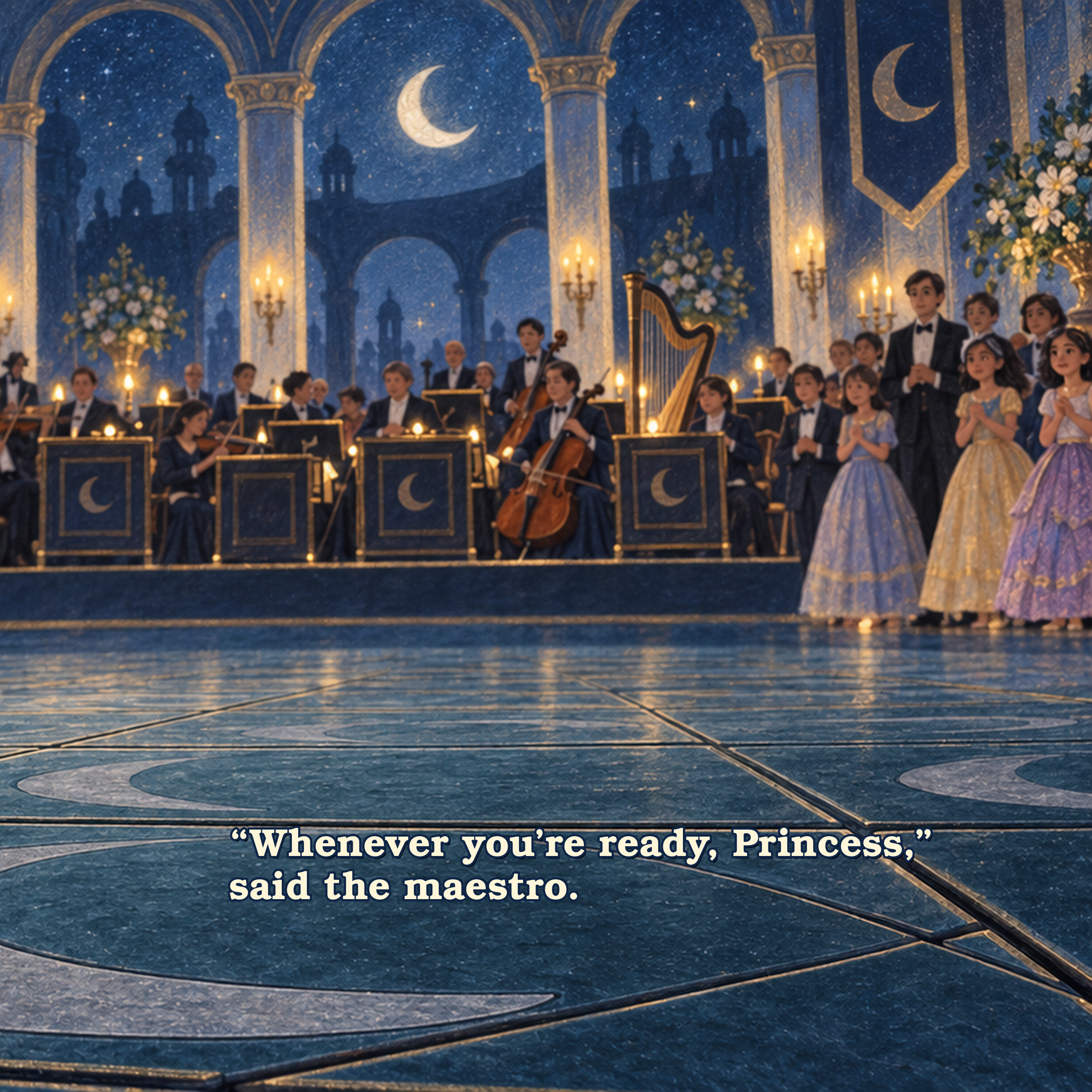 A scene from the animated movie 'Cinderella' depicting Cinderella at a royal ball, with the moon and stars visible through arched windows, and a quote at the bottom that says, "Whenever you're ready, Princess," said the maestro.