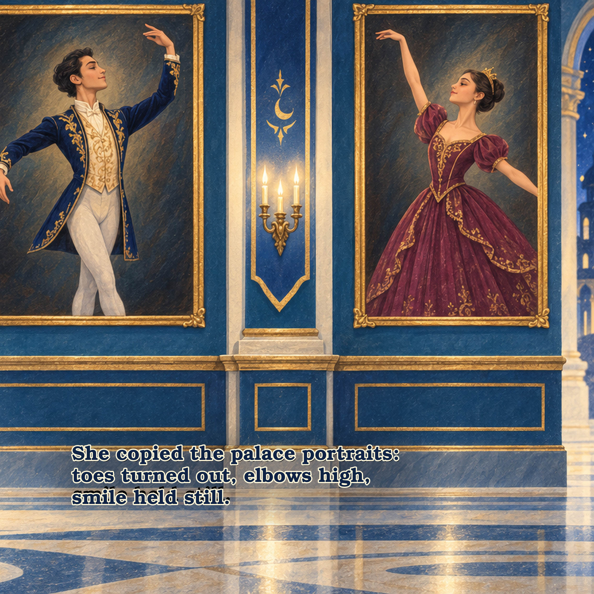 A painting of a prince and a princess dressed in royal attire, standing in front of a blue wall with golden decorations, with a chandelier hanging from above.