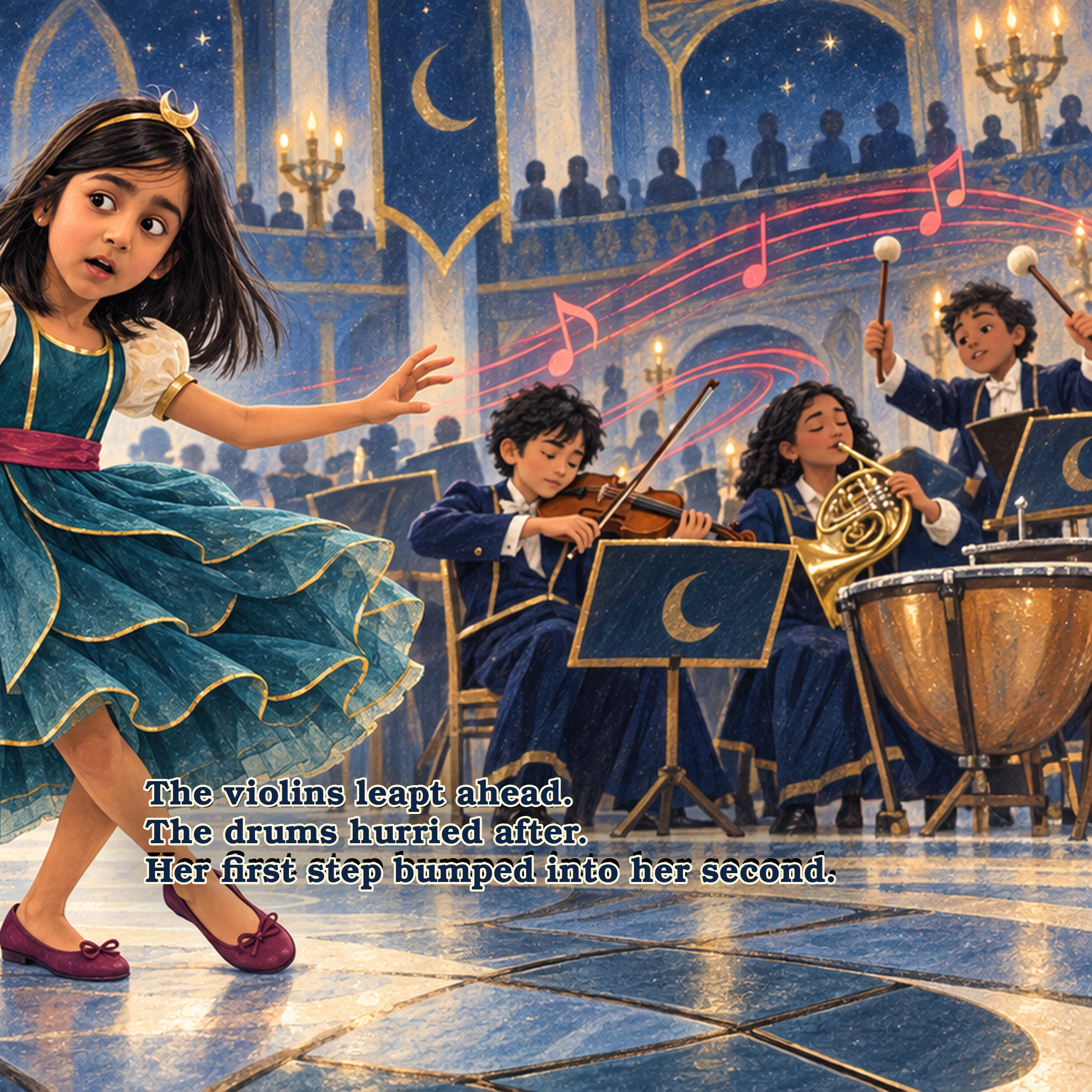 A girl in a blue and gold dress dancing on stage, with a musical orchestra playing behind her, in a grand theater with blue and gold decor, chandeliers, and audience members watching from balconies.