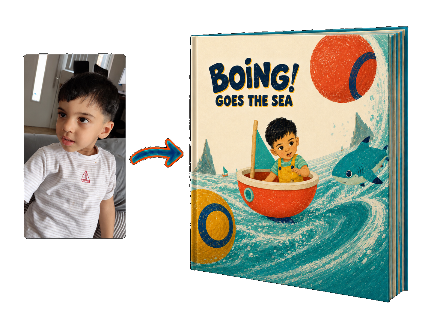 A young boy wearing a white and gray striped shirt with a small red sailboat emblem on the chest, standing inside a room with a door in the background. To the right, a book titled 'Boing! Goes the Sea' features an illustration of a boy sailing a boat on turbulent ocean waves, with a large red ball above and a shark nearby.