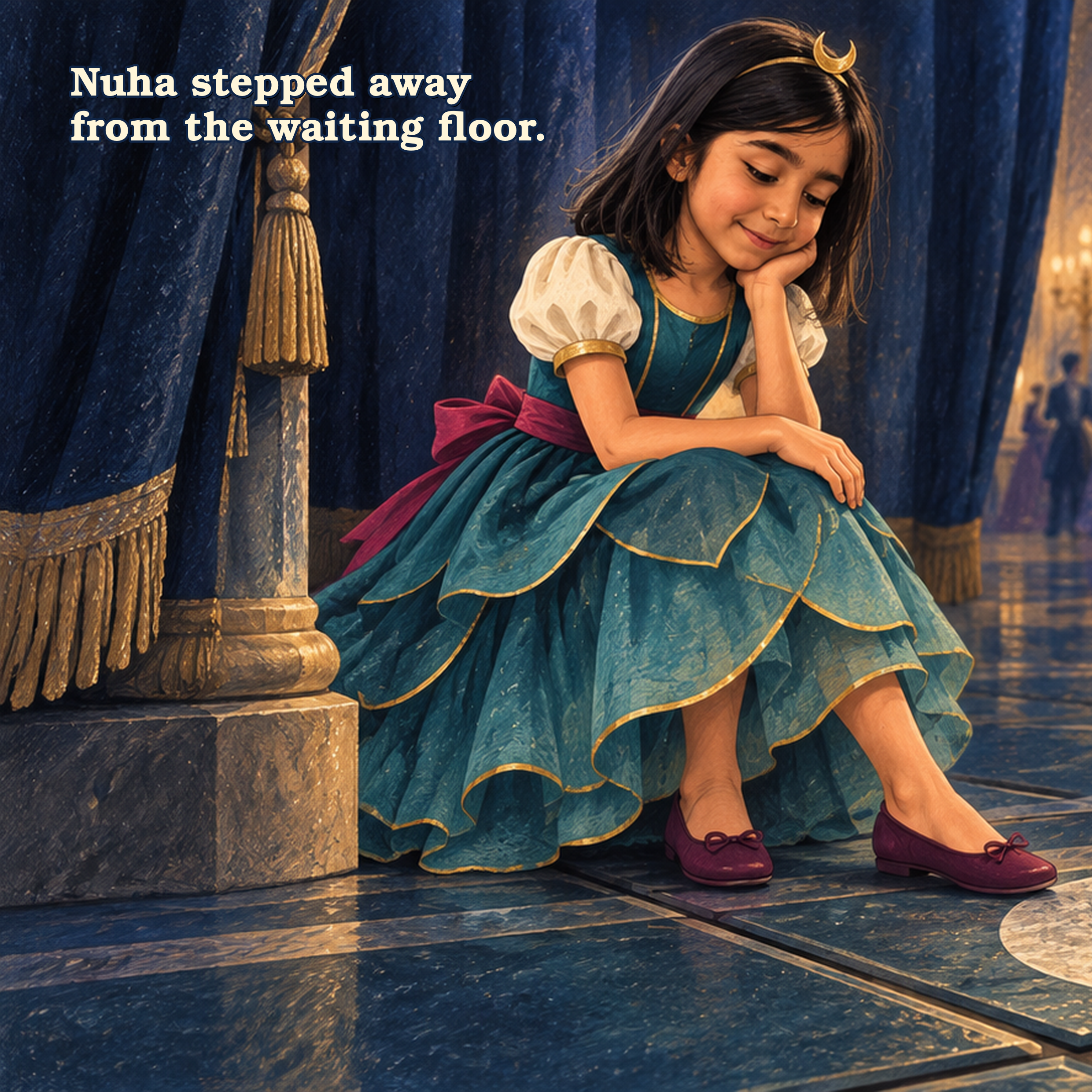 A young girl with dark hair, wearing a blue and cream dress with a pink bow, sitting with her head resting on her hand in front of blue curtains with gold tassels.