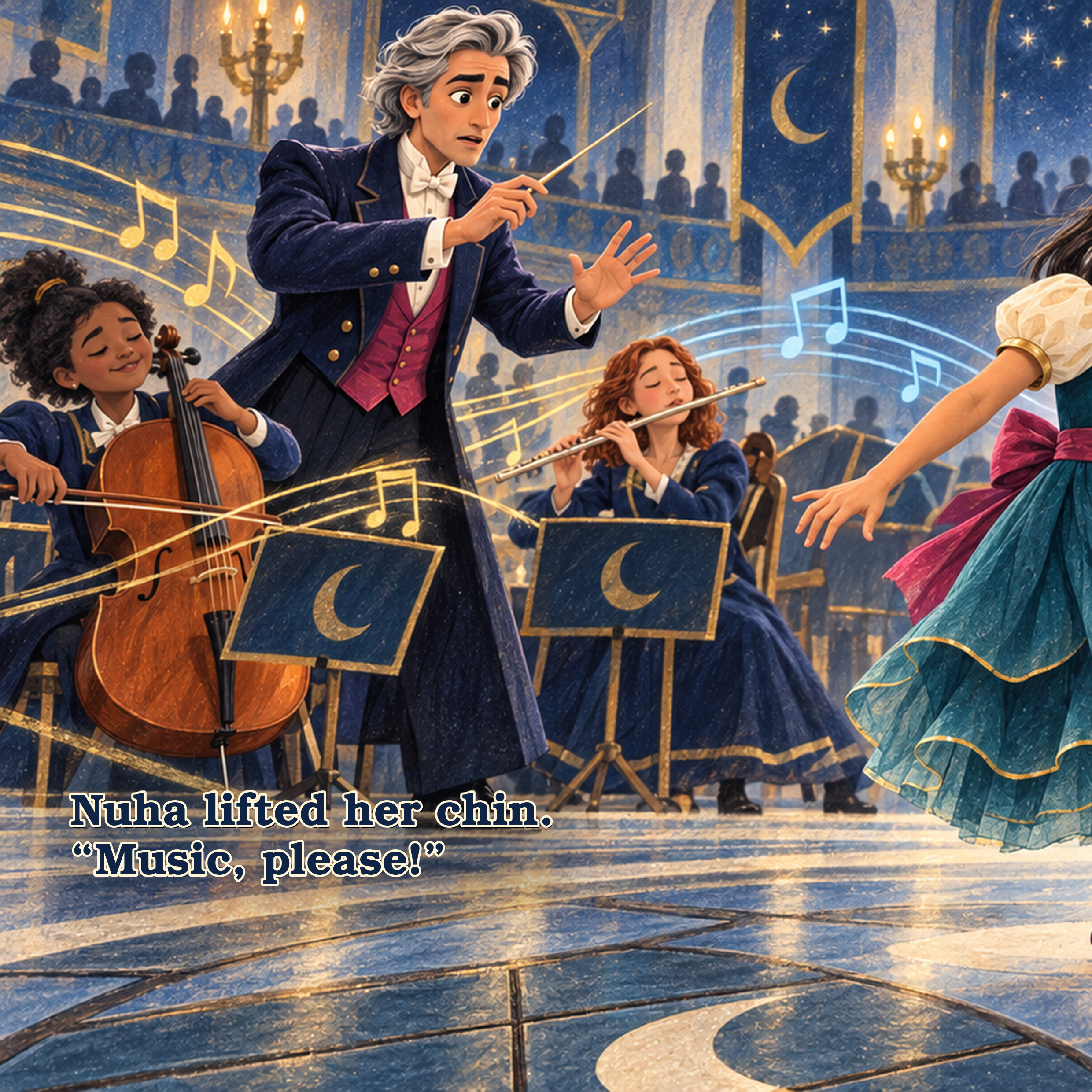 Animated scene in a concert hall with a conductor with gray hair, wearing a blue tuxedo, conducting a group of young girls playing musical instruments like a violin and a flute. There are musical notes floating in the air, and the background features