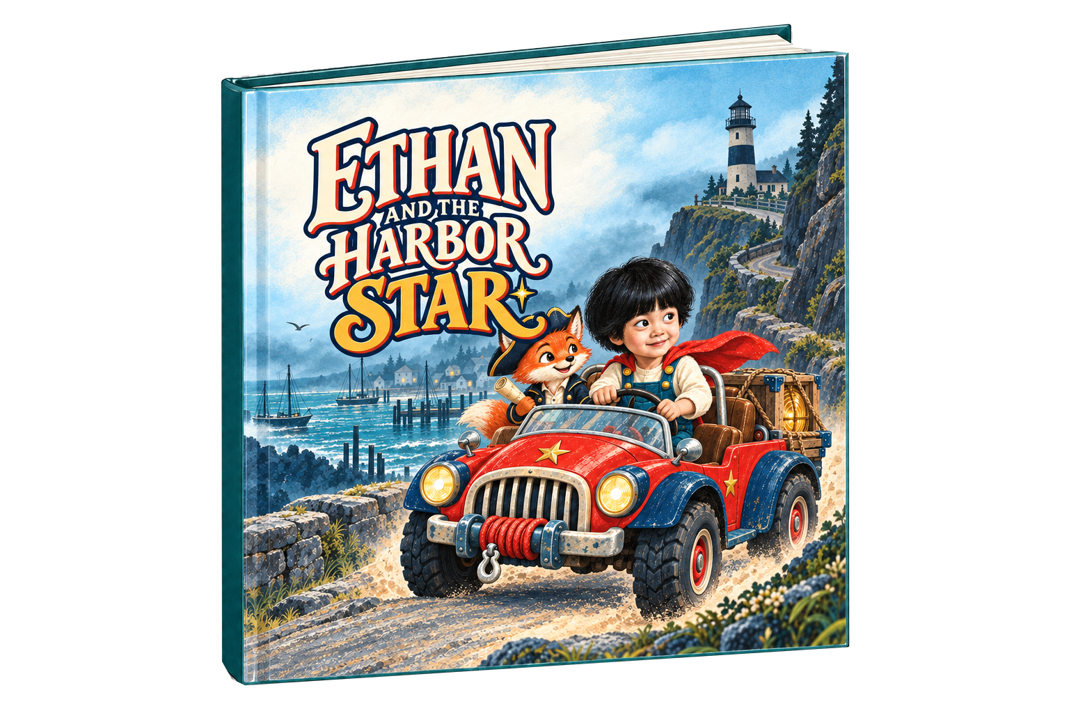 Cover of a children's book titled "Ethan and the Harbor Star" showing a young boy in a red and blue adventure vehicle with a fox character, set against a coastal landscape with a lighthouse and sailboats.