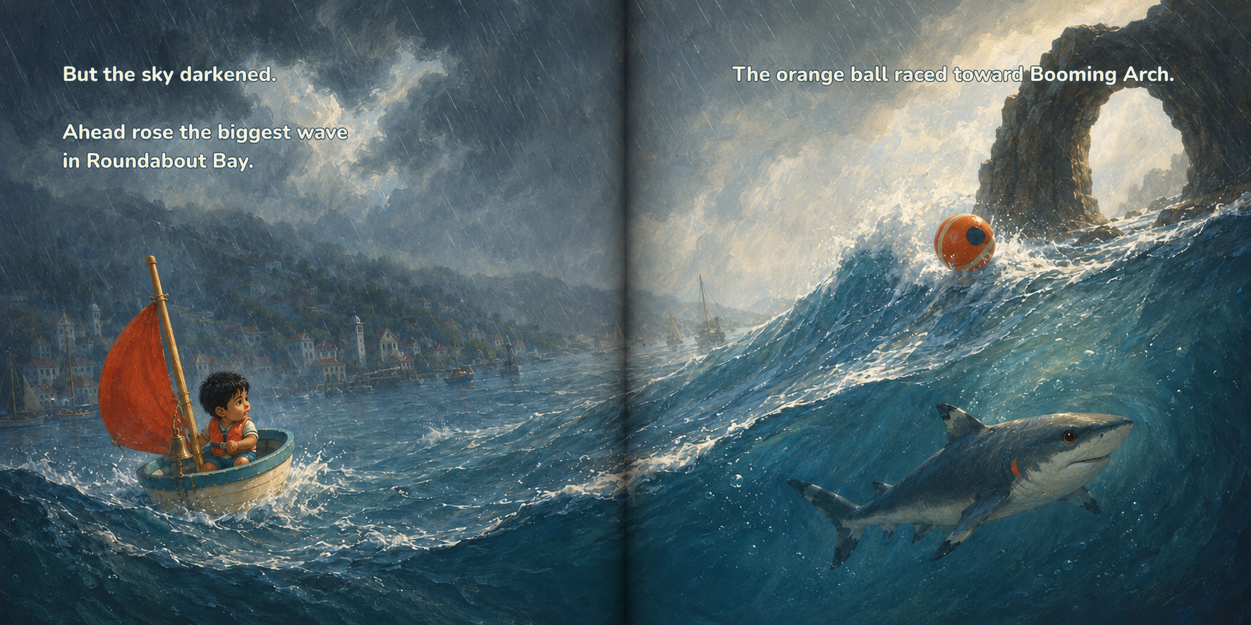 A young boy in a small boat with a red sail navigates stormy waters near a coastal town as a large shark approaches underwater. An orange ball races toward a large rock formation in the distance during a stormy sea.