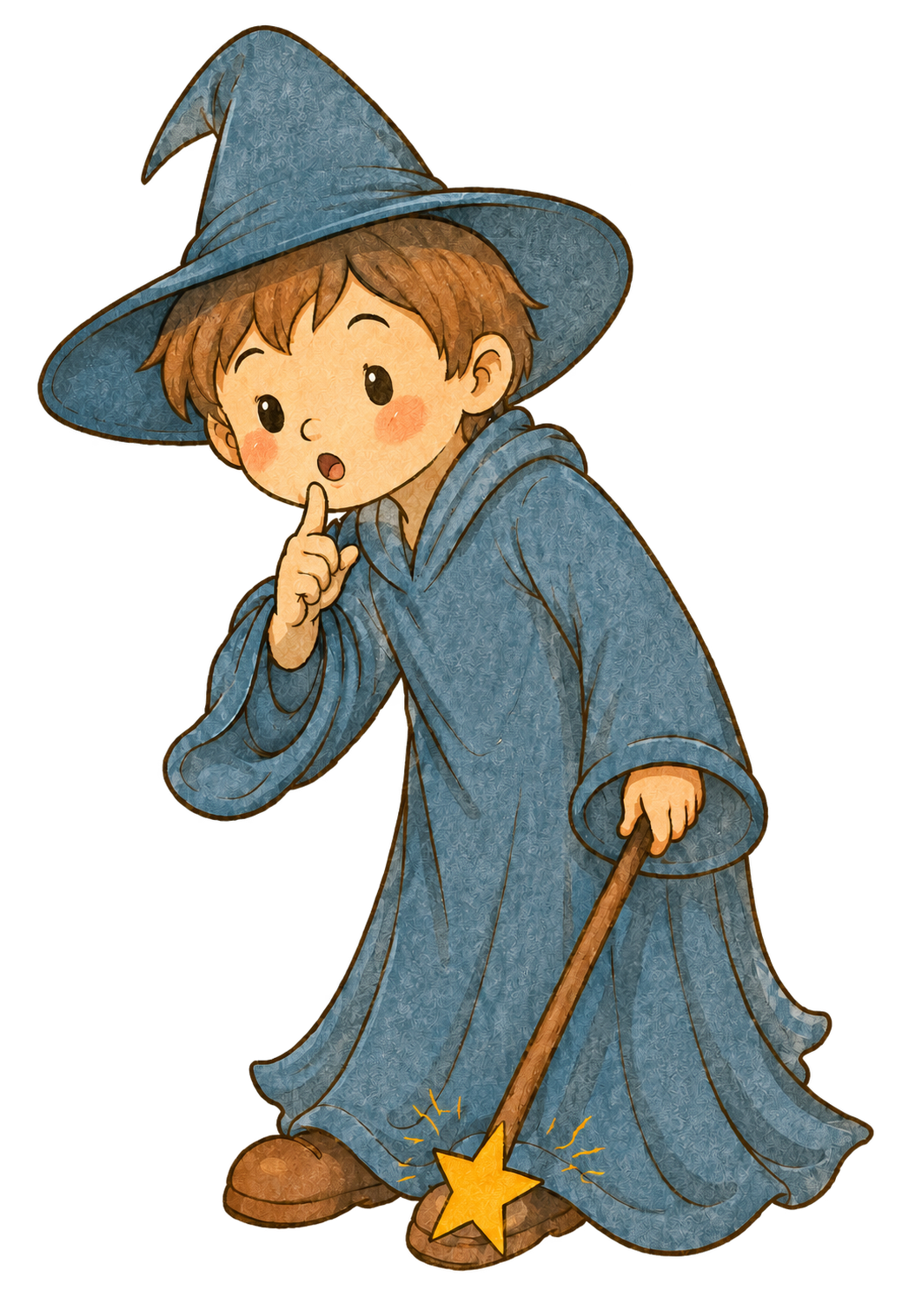 A young boy dressed as a wizard, wearing a blue robe and hat, holding a magic wand with a star at the tip. He is making a 'shh' gesture with his finger to his lips.