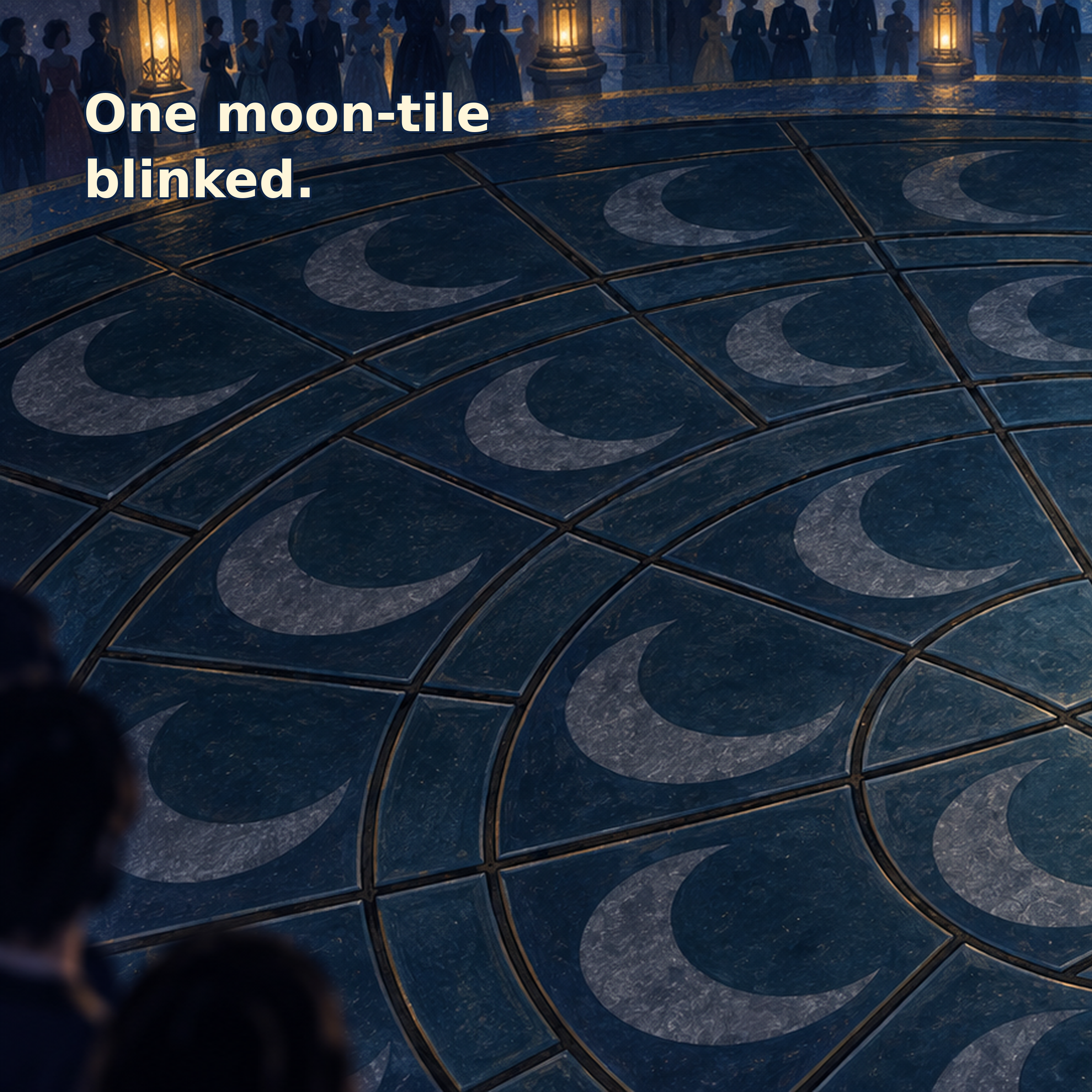 Close-up of a tiled surface with crescent moon patterns and water reflections, with a group of women in gowns standing in the background near lanterns.