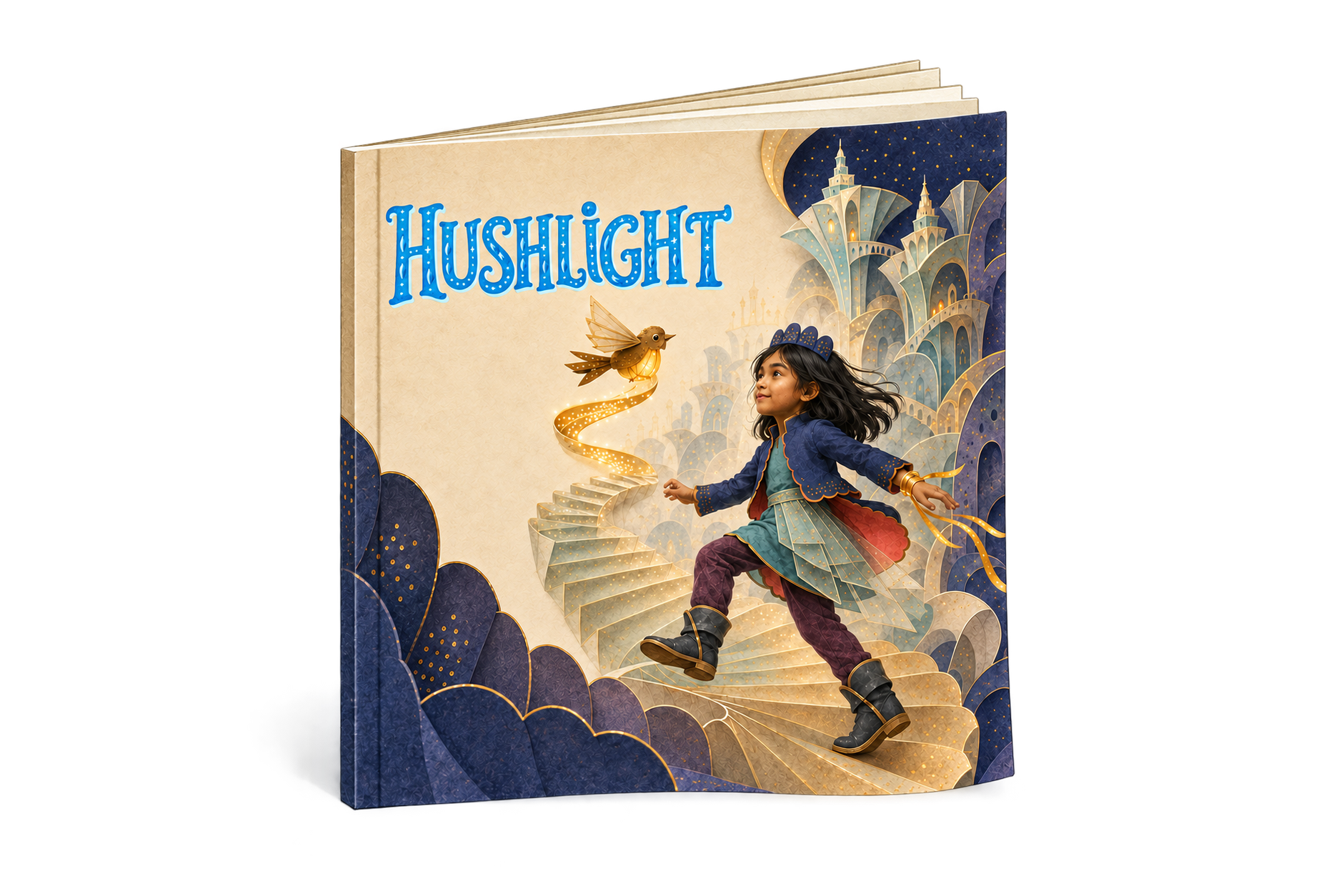Illustrated book cover titled 'Hushlight' featuring a girl in colorful clothing walking up a fantastical staircase with a glowing bird flying nearby, set against a backdrop of whimsical castle-like structures and a starry sky.