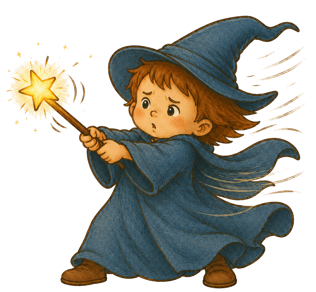 A young girl dressed as a wizard, wearing a blue robe and a pointed hat, holding a magic wand with a star at the tip, casting a spell.