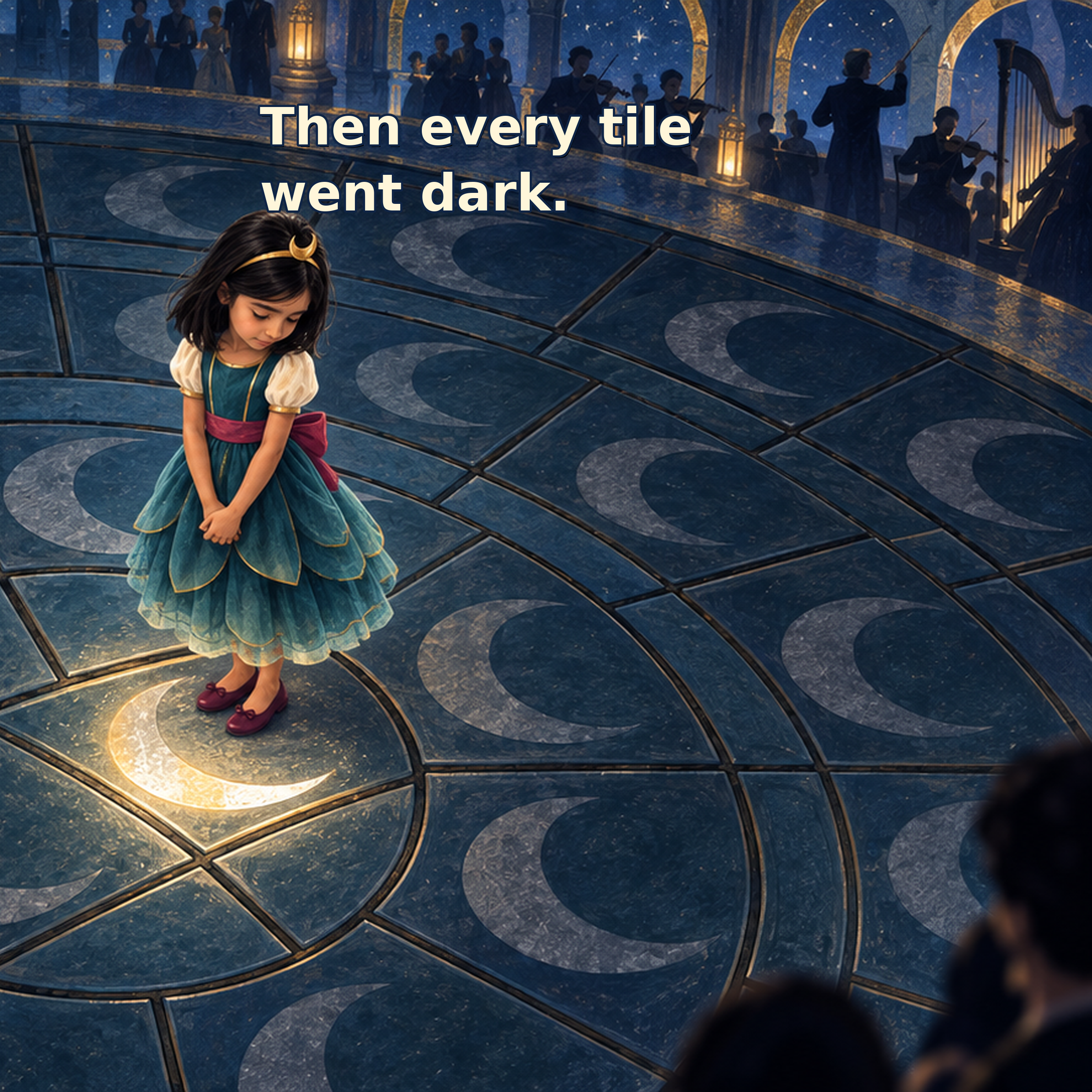 A young girl in a blue and gold dress standing on a tiled floor with a dark, starry background and an orchestra playing in the distance. The scene is dark, with glowing lanterns illuminating the area.