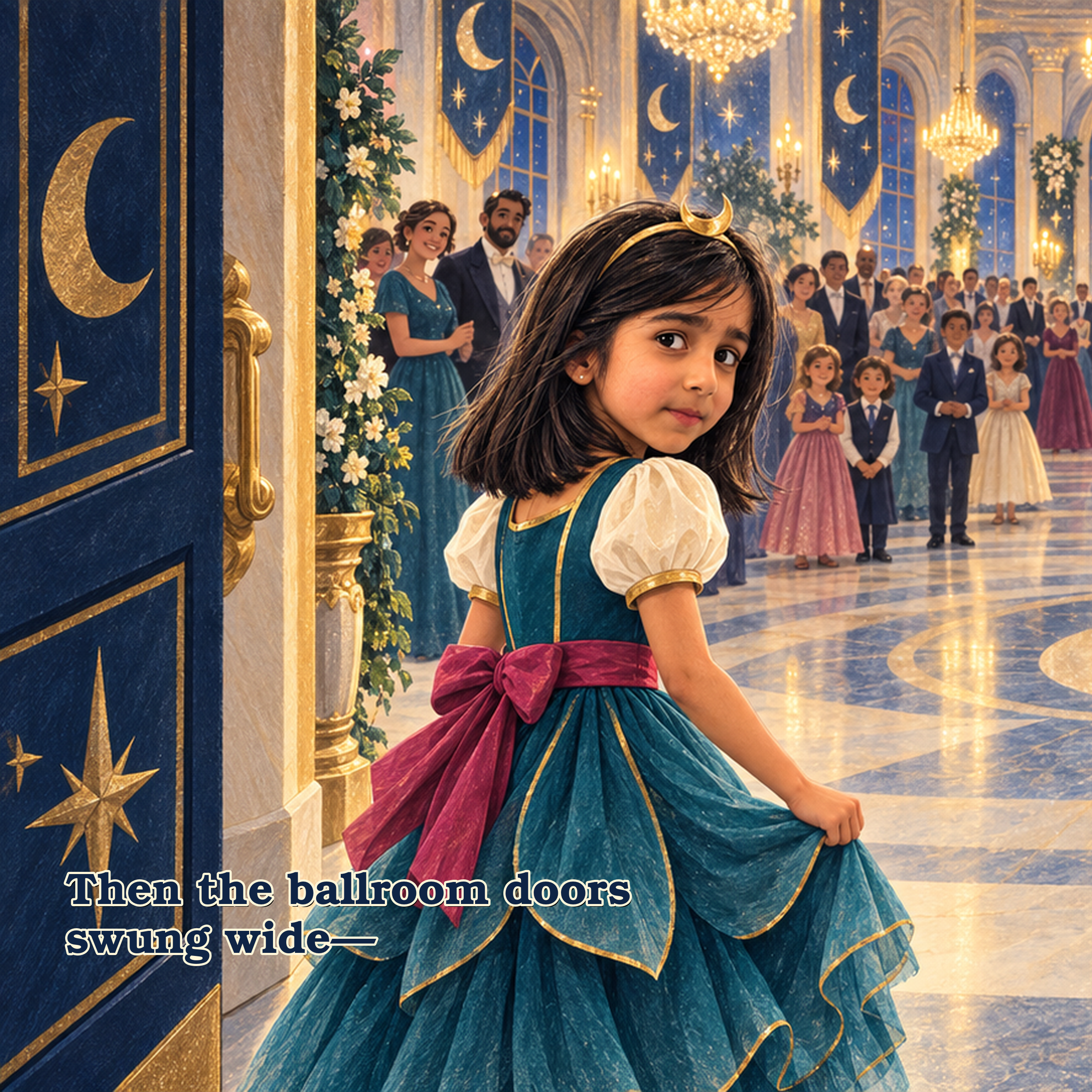 A young girl with dark hair, dressed as a princess, stands in a grand ballroom decorated with gold and blue celestial-themed banners and curtains, with other people in elegant attire in the background.