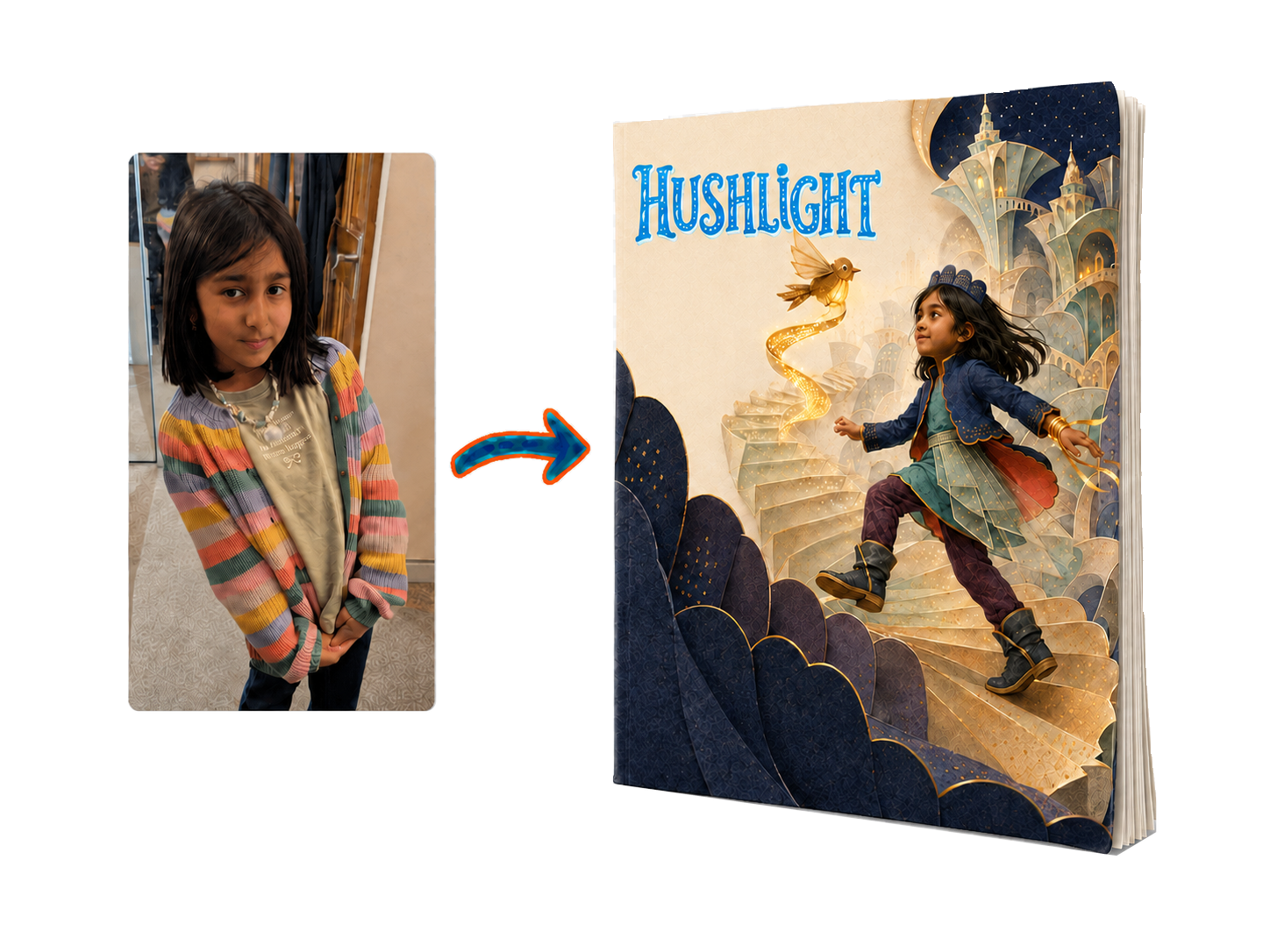 A young girl’s photo beside Hushlight, a personalised storybook featuring an illustrated main character based on her appearance and interests.