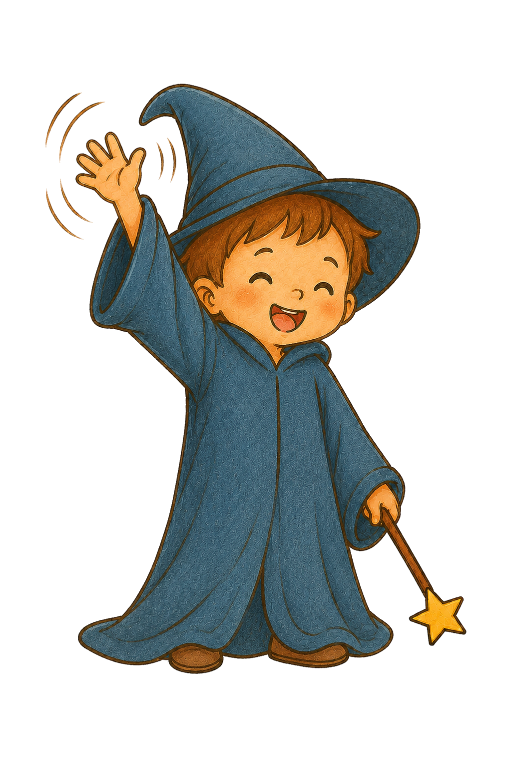 A cheerful young boy dressed as a wizard, wearing a blue robe and a tall blue wizard hat, waving with one hand and holding a magic wand with a star on the end in the other.