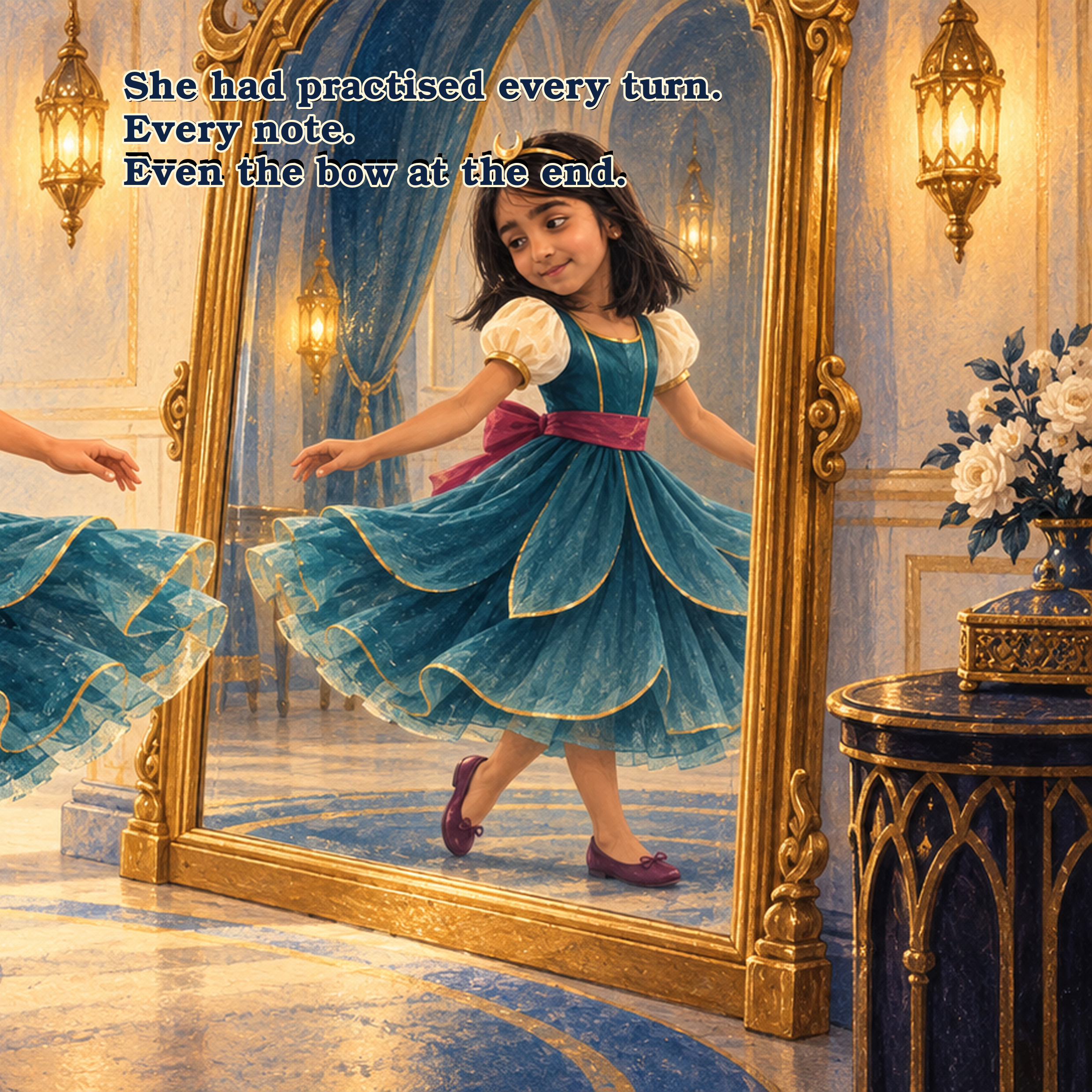 A young girl dressed as a princess in a blue gown with a pink sash, practicing dance moves inside a decorative, gold-framed mirror with ornate detailing, in a room with elegant lighting and floral arrangements.