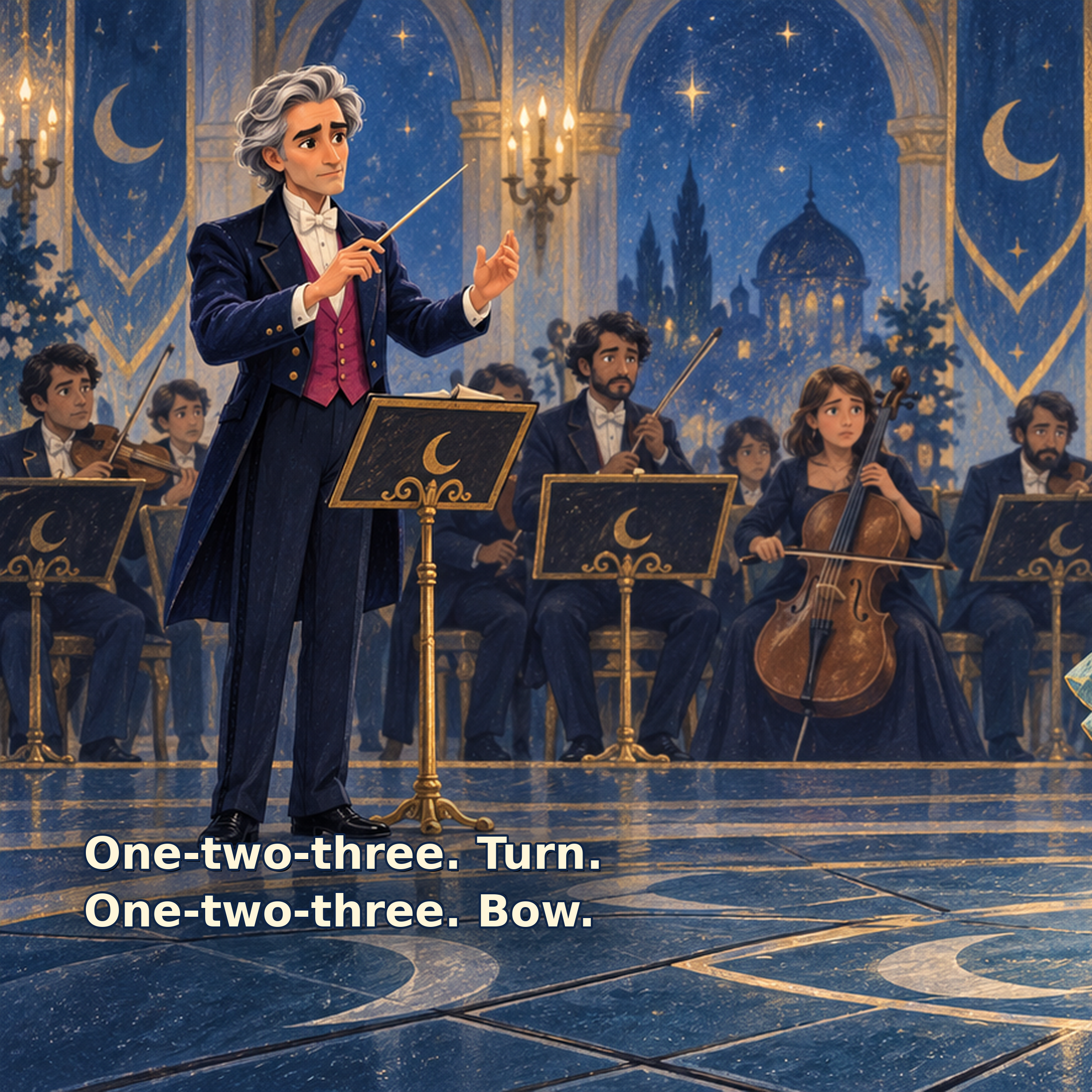 An animated orchestra conductor with gray hair and a blue tuxedo leads a group of young musicians in a fantasy-themed concert hall decorated with starry night sky and moon motifs, with subtitles displaying music notes.