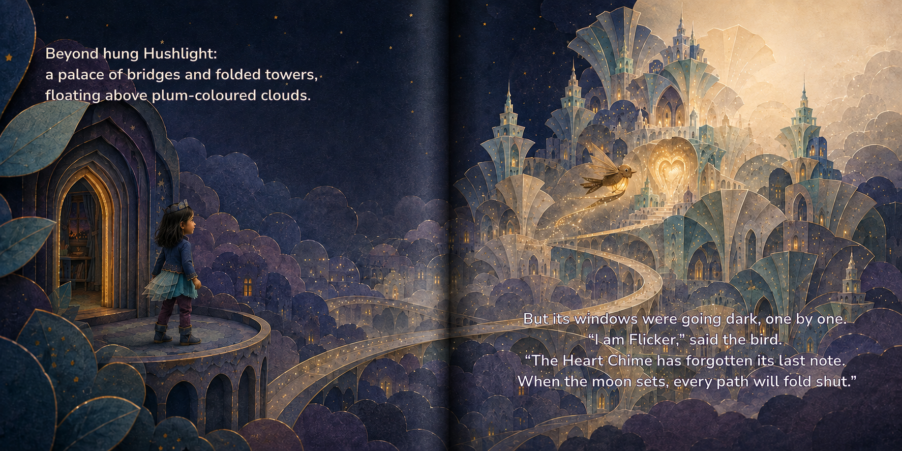 An illustrated scene of a young girl standing on a balcony outside a castle with arched doorways, overlooking a fantasy city with floating pink clouds and a glowing heart-shaped window in a majestic castle in the background, illuminated by warm light.