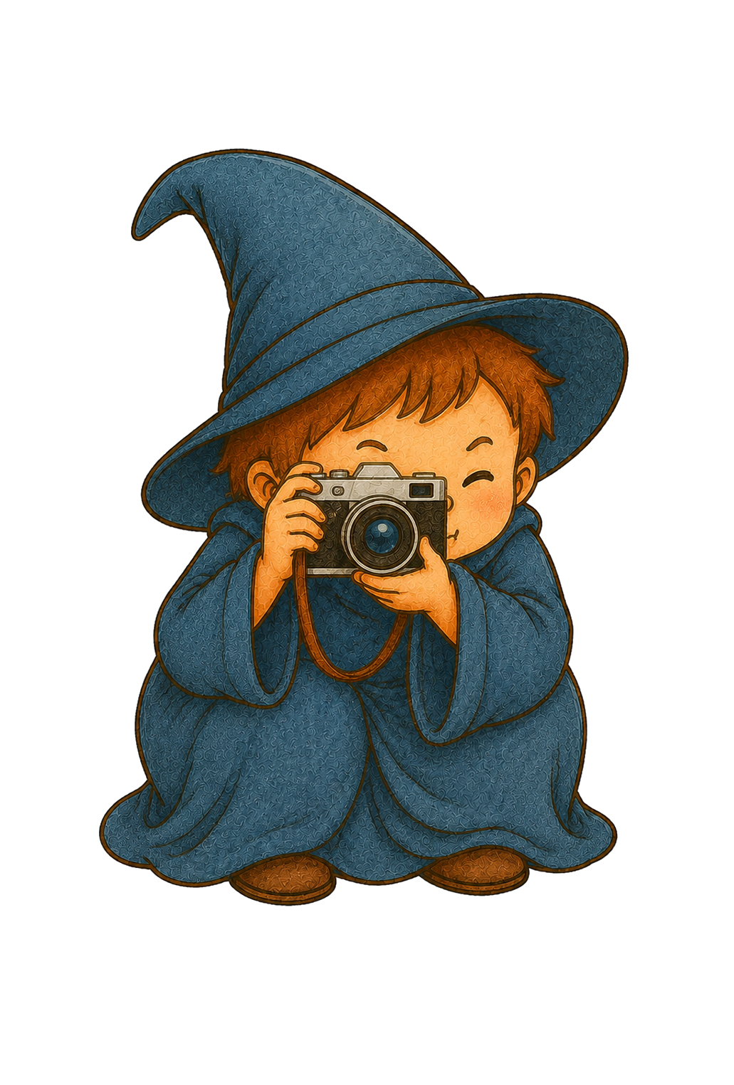 Cute illustration of a young boy dressed as a wizard wearing a large blue hat and robe, holding a camera and smiling