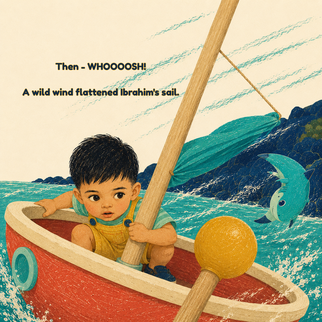 A young boy in a small sailboat on the ocean holding the mast with one hand, with the sail torn and fluttering, a fish leaping out of the water nearby, and rocky islands in the background, with text that says 'Then - WHOOOOSH! A wild wind flattened Ibrahim’s sail.'