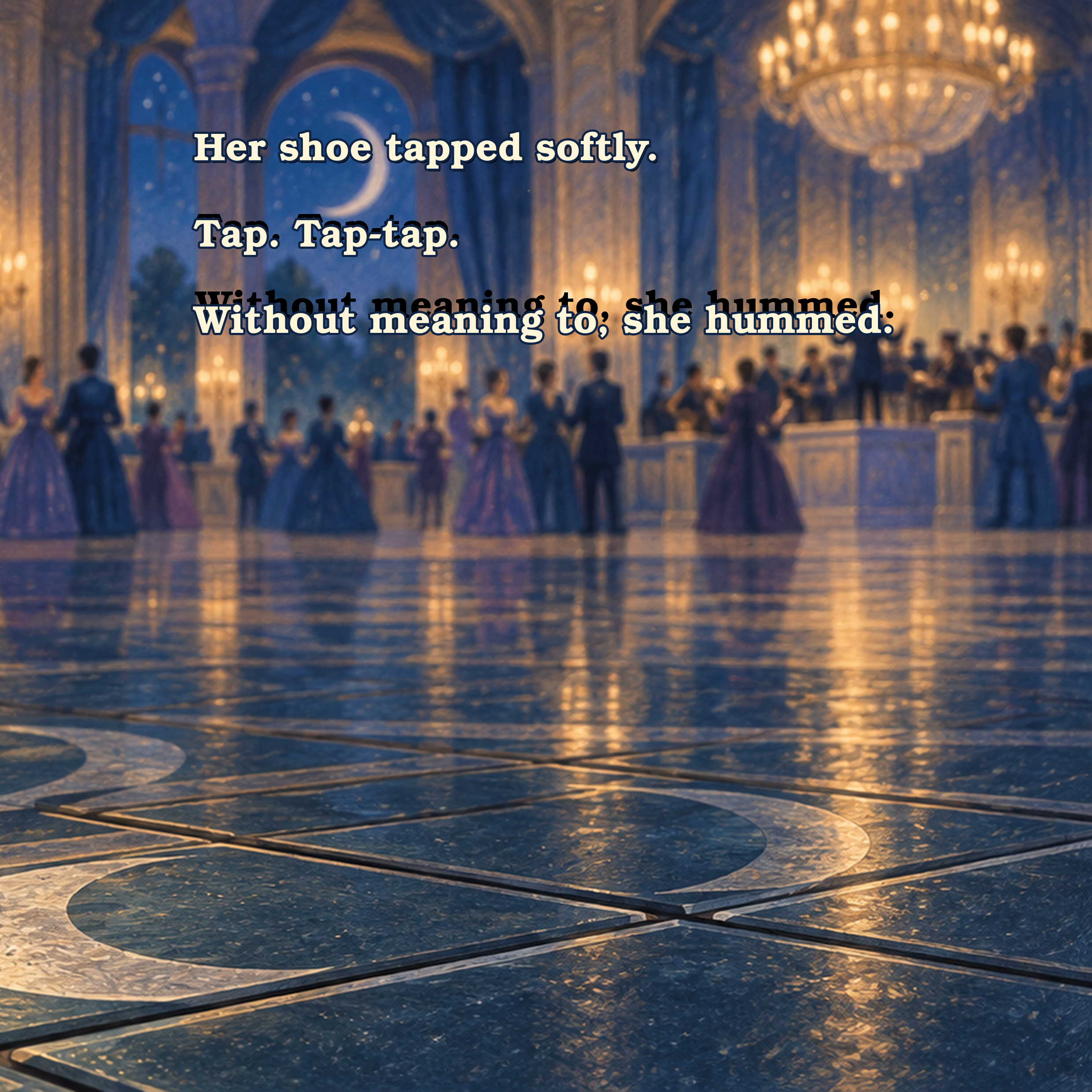 Close-up of a piano keyboard reflecting chandeliers and a ballroom scene in an artistic style.