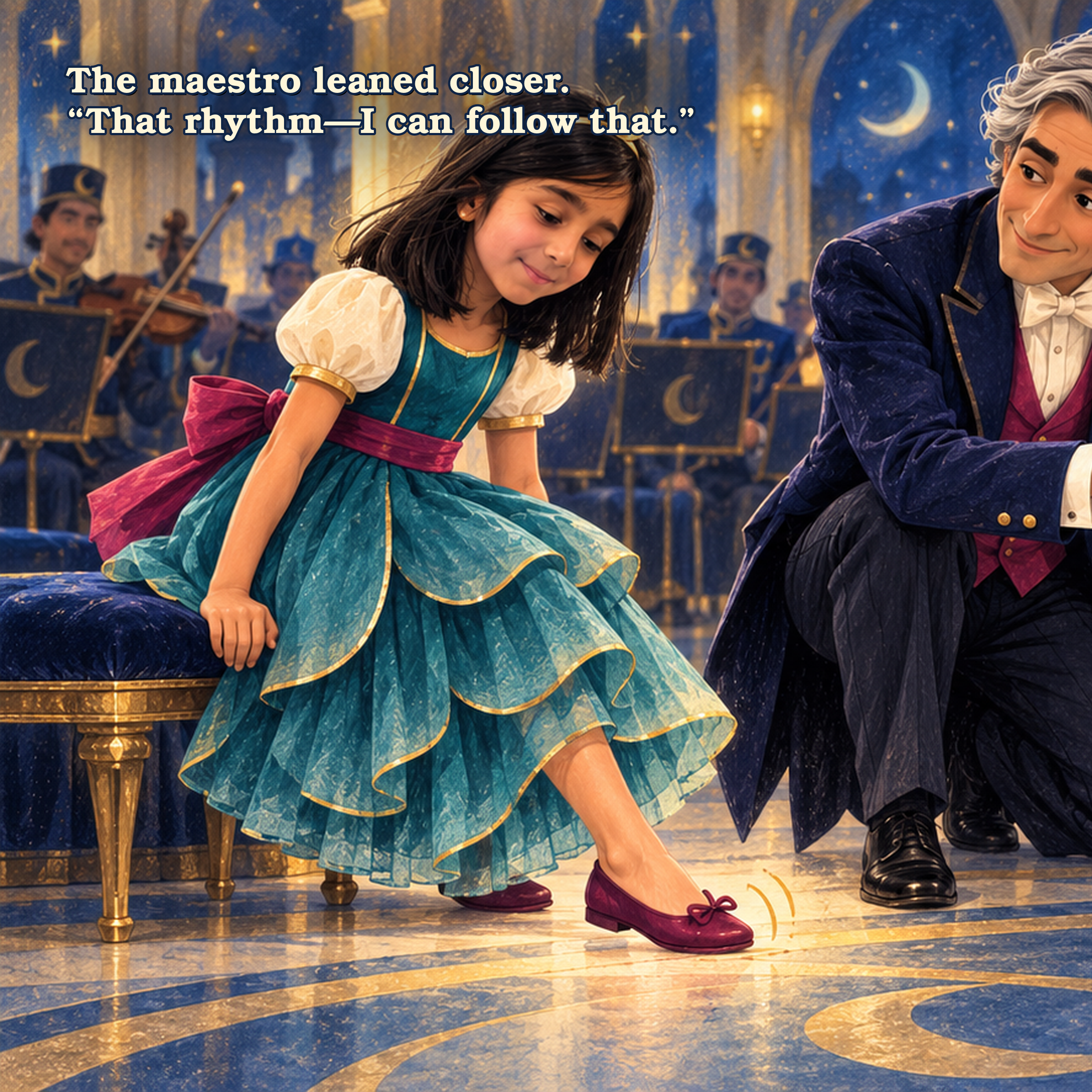 Two young children, a girl in a colorful dress and a boy in a blue velvet jacket with a white bow tie, are sitting on the floor on a stage with a jazz band in the background. The girl is tying her maroon shoes while the boy is looking at her with a s