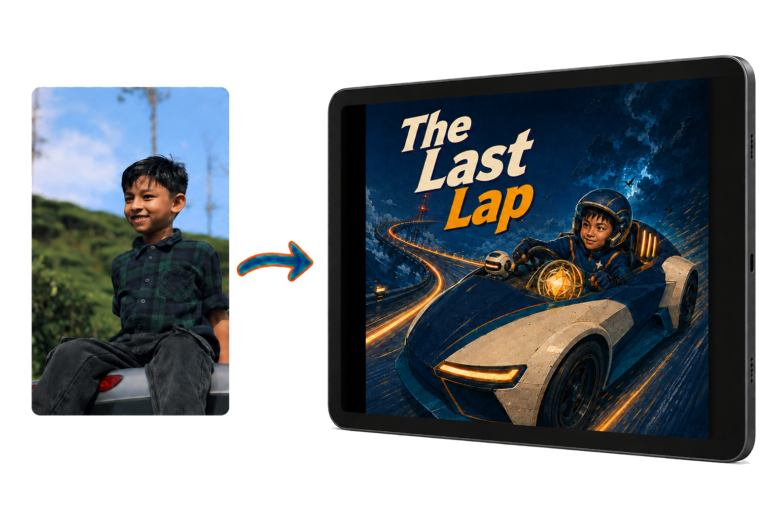 A boy’s photo beside The Last Lap, a personalised racing storybook featuring an illustrated main character based on his appearance and interests.