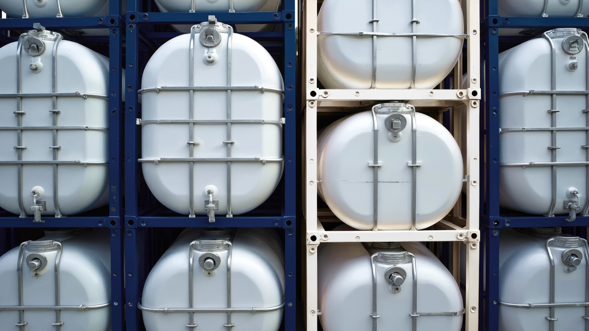 Stacked white holding tanks secured in blue and white metal frames.