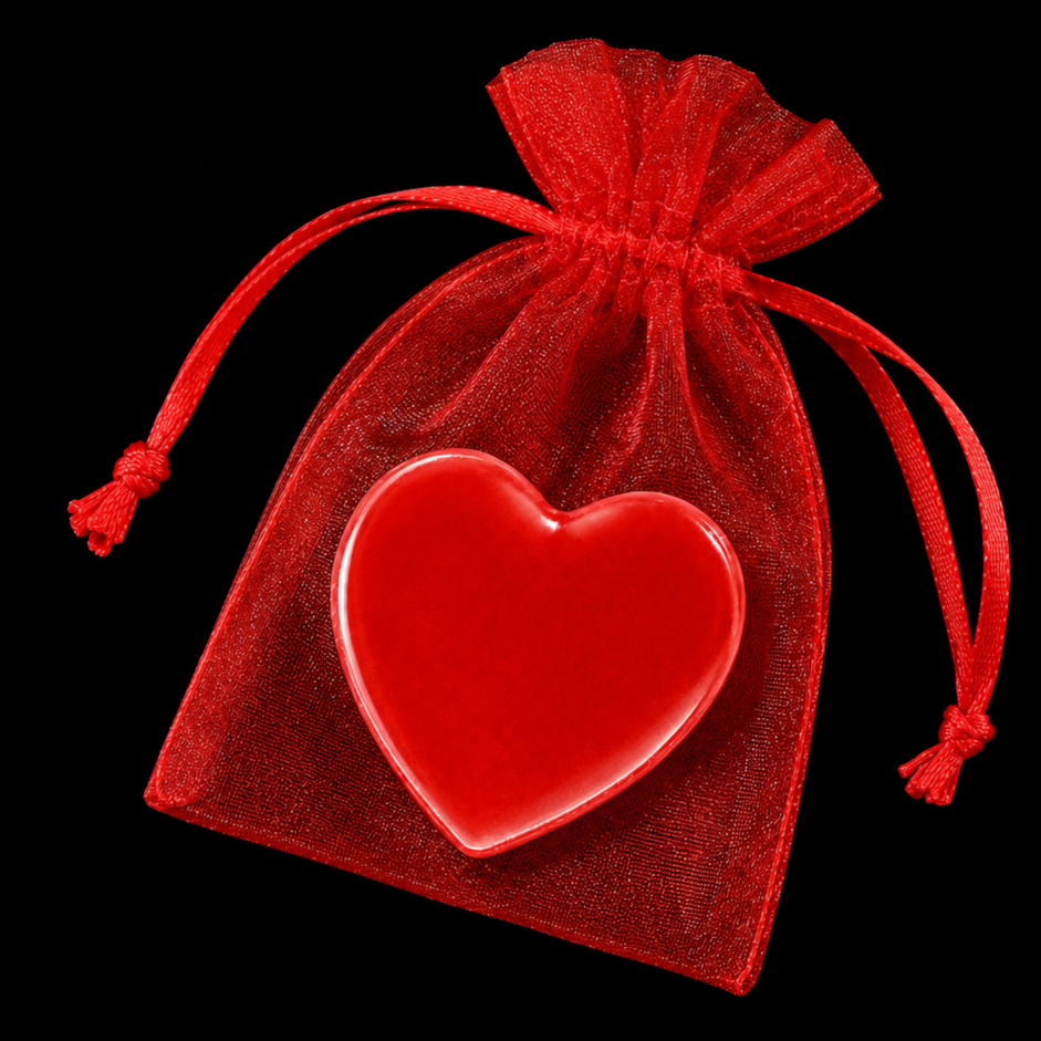 clear red heart presented with a red organza gift pouch, attach to greetings cards, pocket hugs, christmas gift, birthday gift, anniversary gift