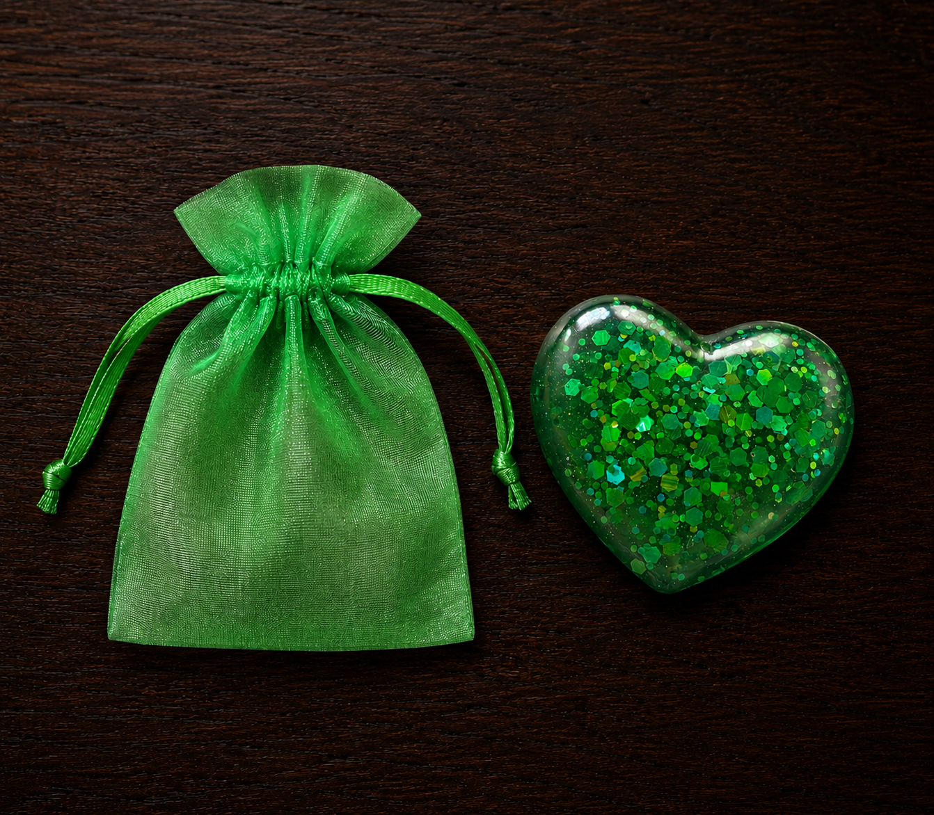 Generated image: Green pouch and glittery heart.png