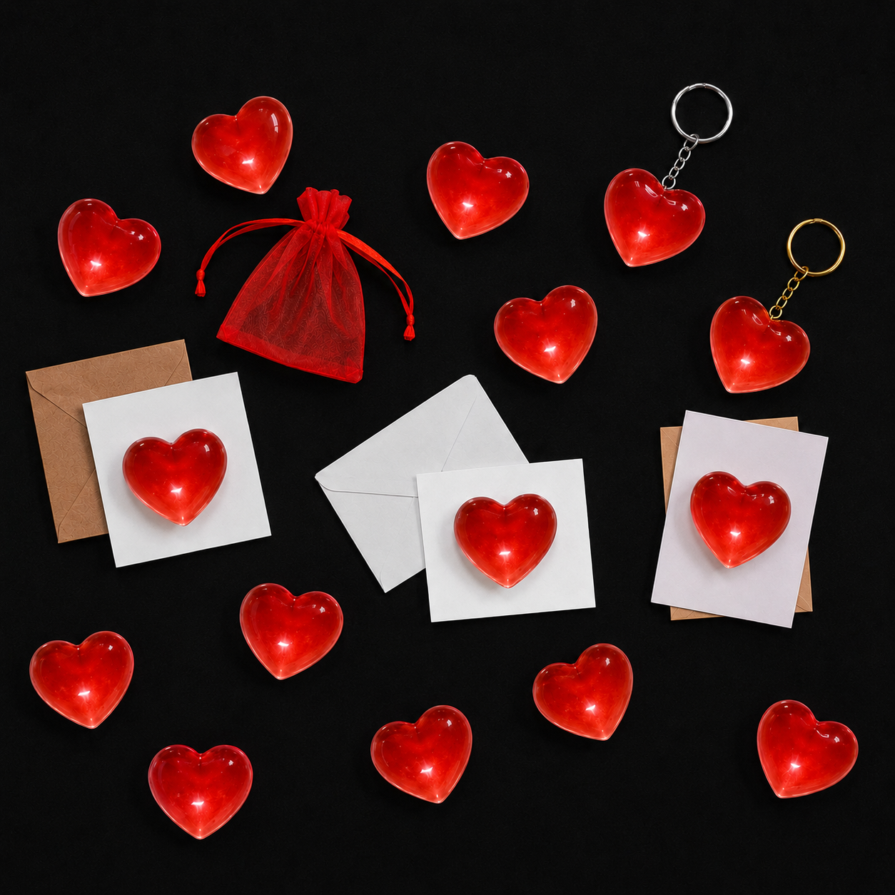 handmade clear shiny red hearts 5cm by 5cm, cute red heart,