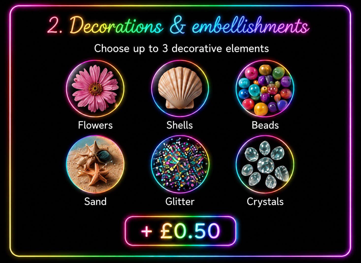 preserved dried flowers, shells, sand, crystals, beads, gemstones, glitter, mica powder