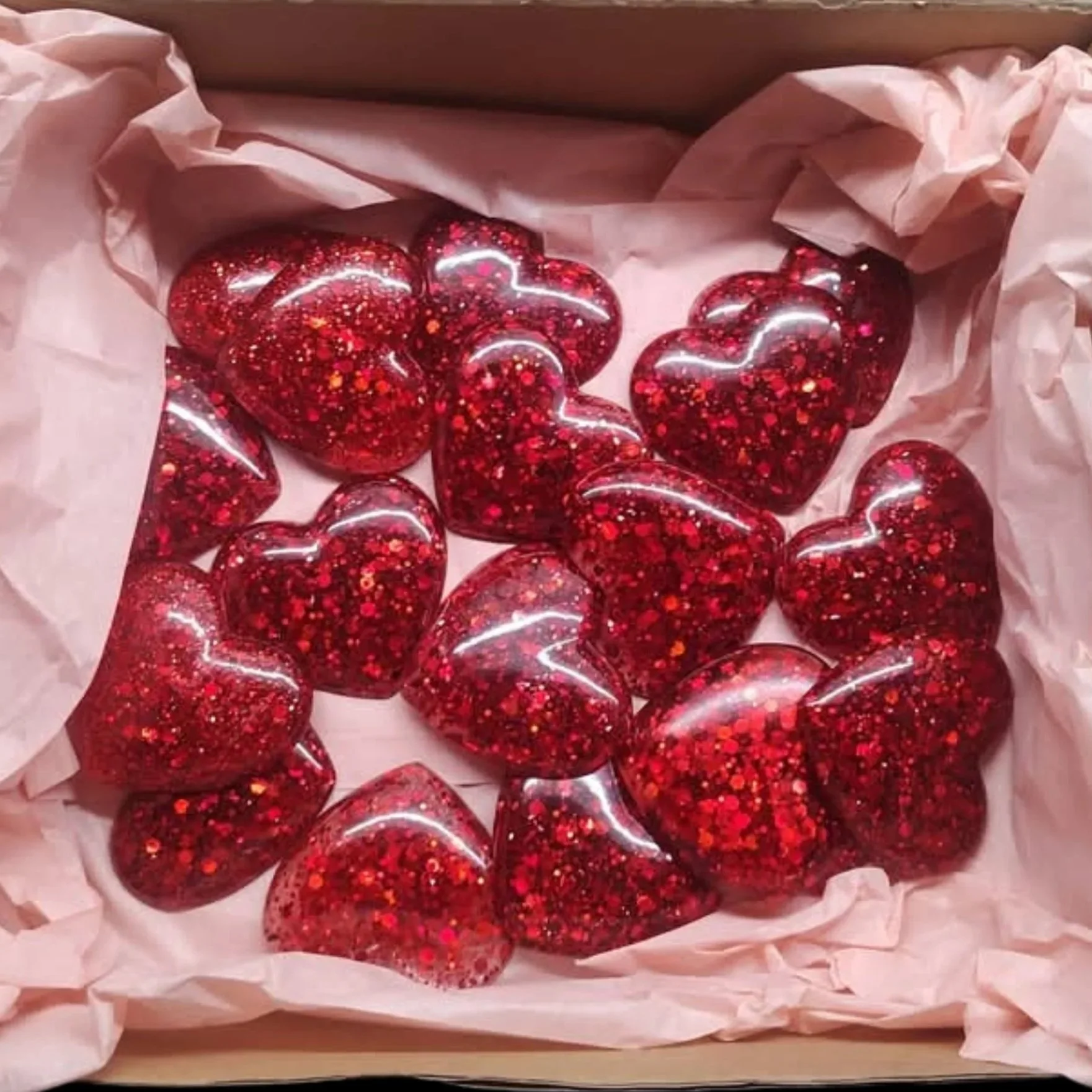 box of red glittery chunky holographic glitter hearts