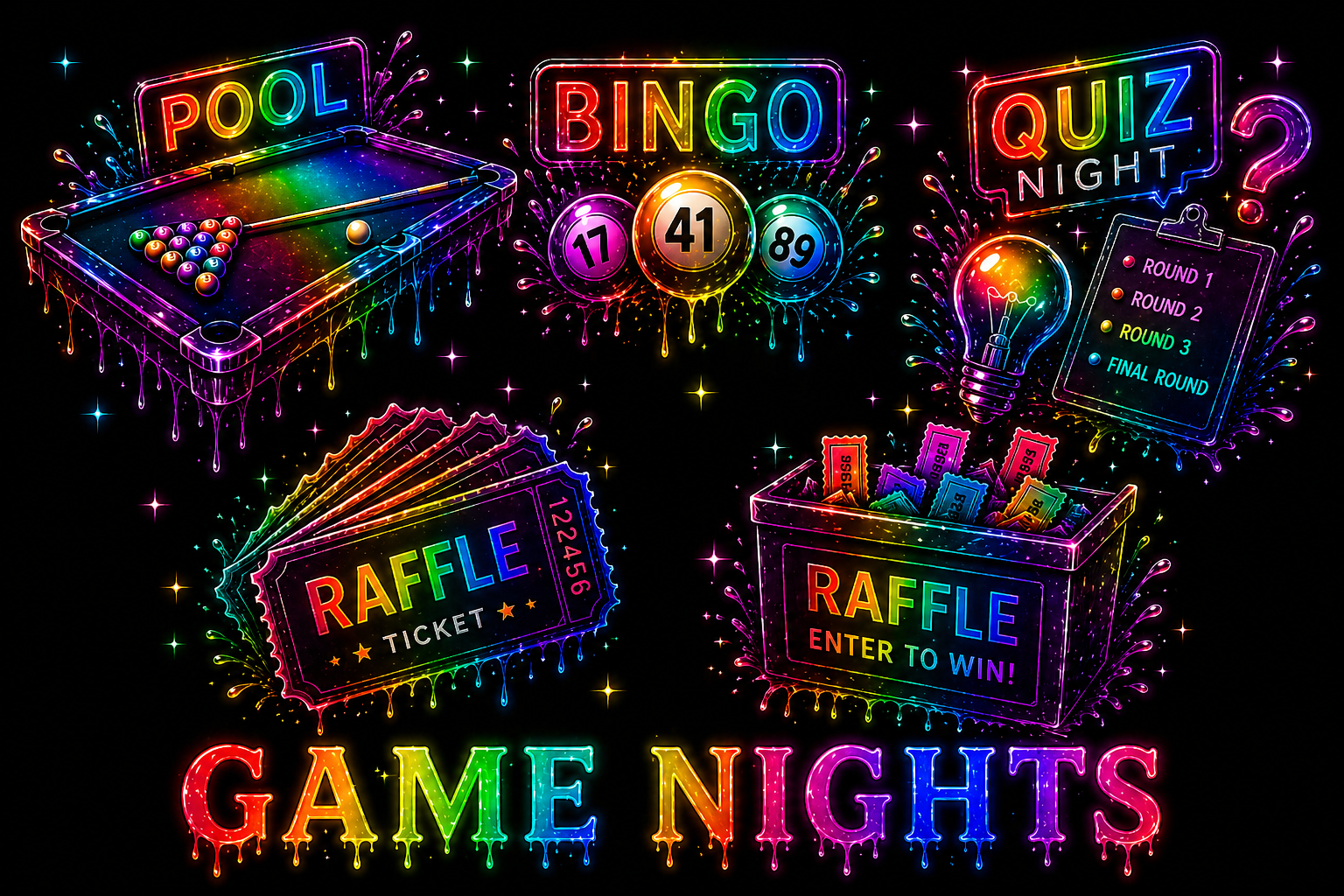 Pool, Bingo, Quiz Night, Raffle, pub quiz, posters, tickets, perforated tickets, design, print and cut, posters, flyers,
