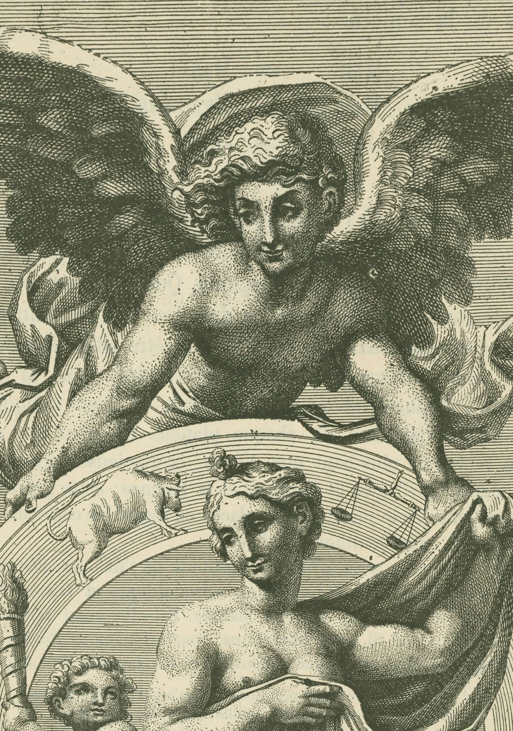 Detailed black-and-white illustration of angels or mythological figures with wings, featuring a male figure with curly hair and a female figure holding a cloth or garment.
