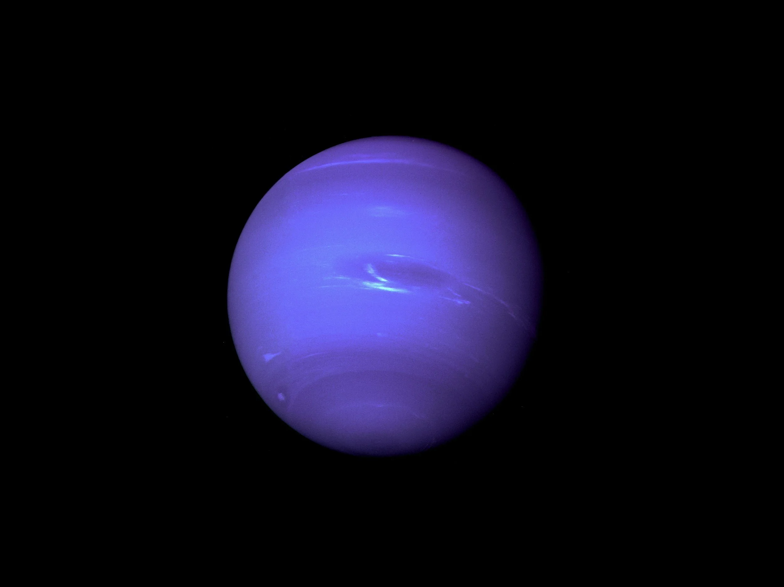 A glowing purple planet with streaks of lighter purple and white, set against a pitch-black background.